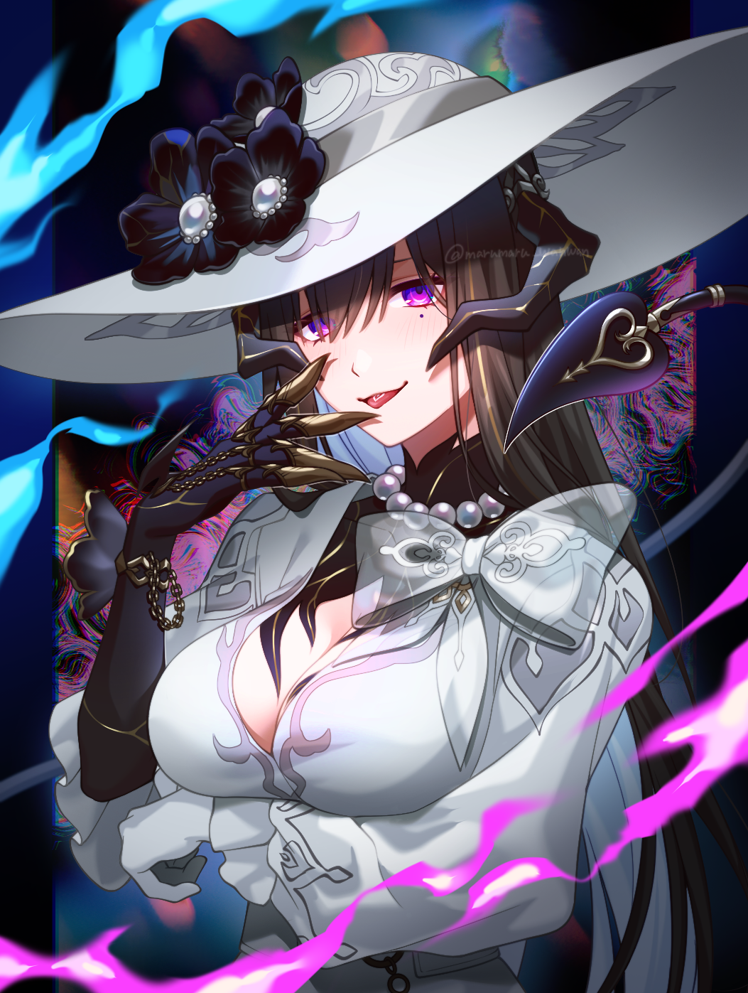 pochimaru (marumaru wanwan), the dahlia (honkai: star rail), honkai: star rail, honkai (series), highres, 1girl, asymmetrical gloves, black gloves, black hair, breasts, cleavage, collarbone, demon girl, demon horns, demon tail, dress, flower, gloves, hand up, hat, hat flower, horns, hoyolab username, large breasts, long sleeves, looking at viewer, mismatched gloves, mole, mole under eye, purple eyes, sun hat, tail, tongue, tongue out, upper body, white dress, white gloves, white hat