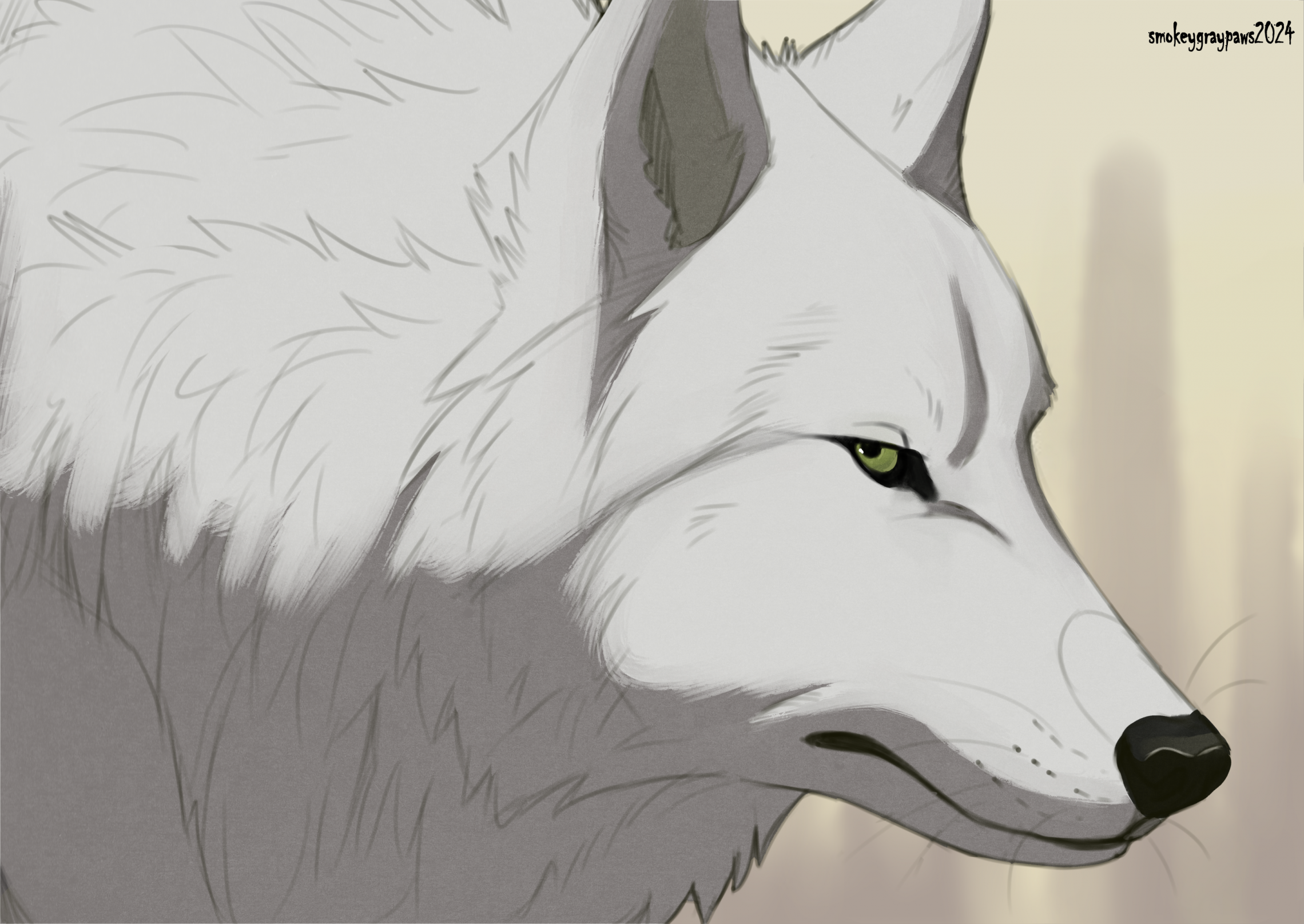kiba, wolf's rain, commentary, derivative work, english commentary, highres, screenshot redraw, animal focus, closed mouth, green eyes, looking at viewer, no humans, signature, smokeygraypaws, solo, white wolf, wolf