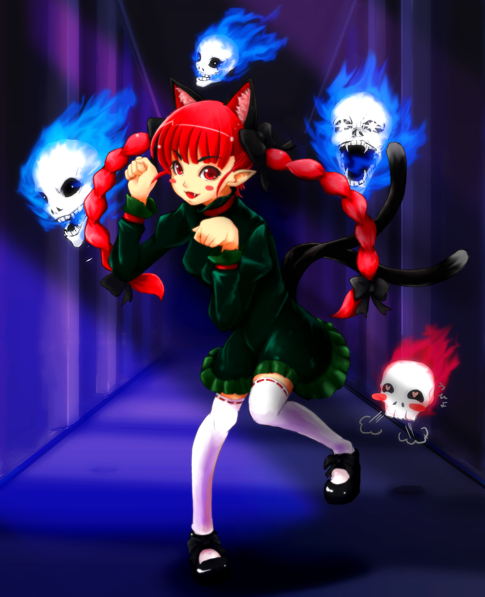 tsuan, kaenbyou rin, touhou, highres, 1girl, animal ears, braid, cat ears, cat girl, cat tail, extra ears, female focus, full body, hair ribbon, multiple tails, red eyes, red hair, ribbon, short hair, solo, tail, twin braids