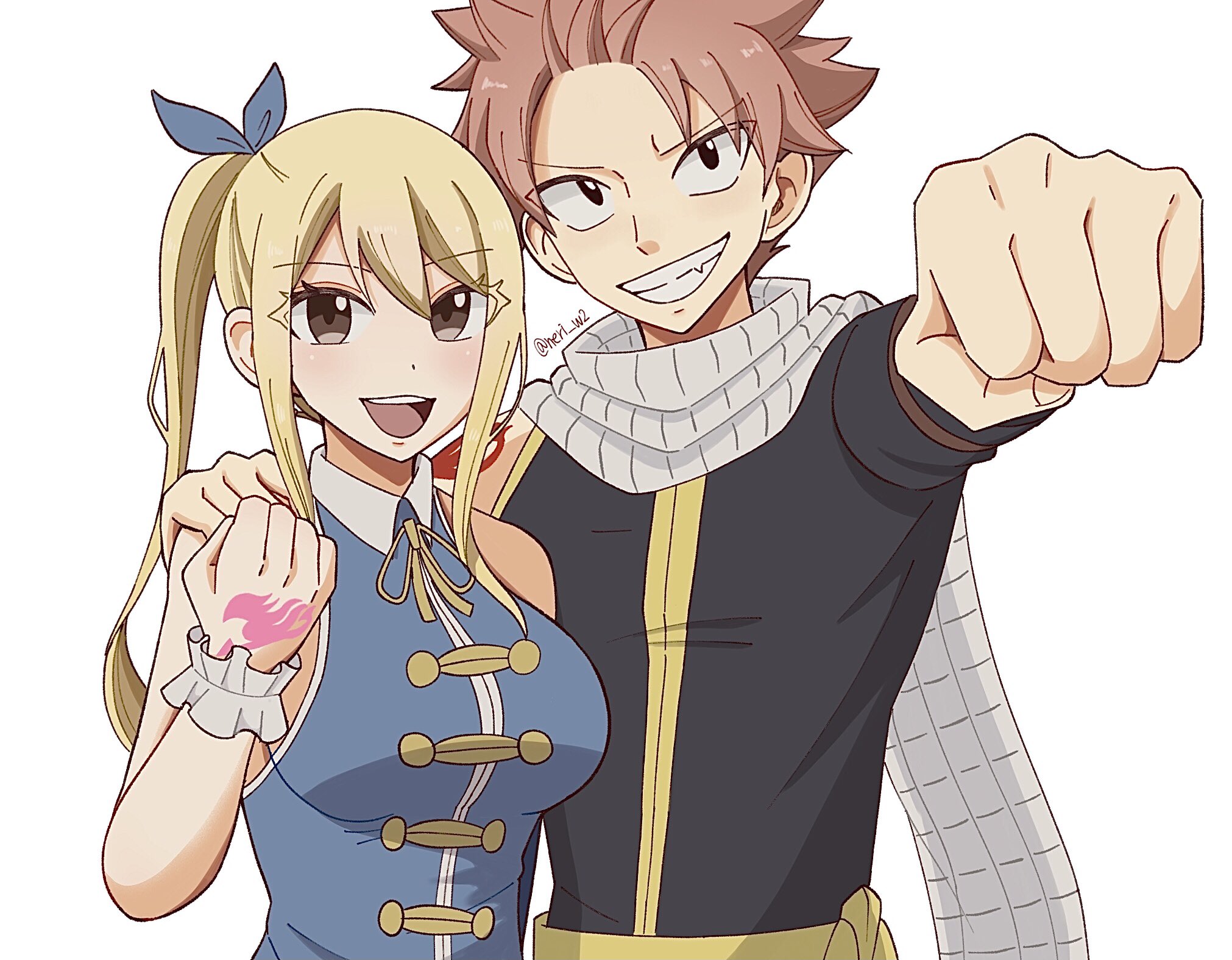 neri w2, lucy heartfilia, natsu dragneel, fairy tail, highres, 1boy, 1girl, black jacket, blonde hair, blue shirt, brown eyes, clenched hand, collared shirt, grin, hand tattoo, jacket, looking at viewer, pink hair, scarf, shirt, short hair, side ponytail, simple background, sleeveless, sleeveless shirt, smile, tattoo, teeth, upper body, upper teeth only, white background, white scarf