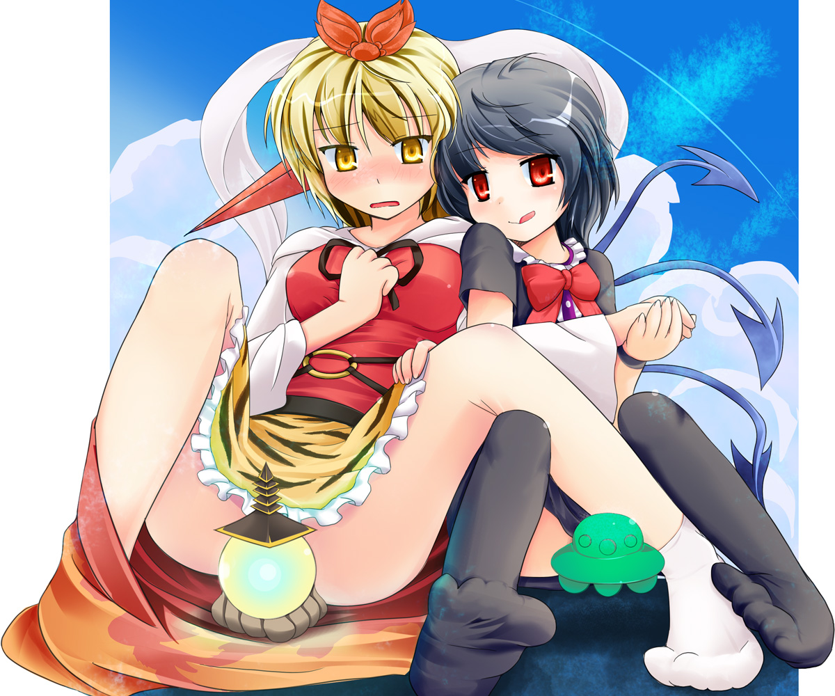 niiya, houjuu nue, toramaru shou, touhou, 2girls, :q, bad anatomy, bad feet, bishamonten's pagoda, black hair, blonde hair, censored, convenient censoring, feet, feet together, female focus, hair ornament, multiple girls, naughty face, no panties, no shoes, poorly drawn, red eyes, shawl, short hair, snake, spread legs, tongue, tongue out, ufo, wavy mouth, wings, yellow eyes