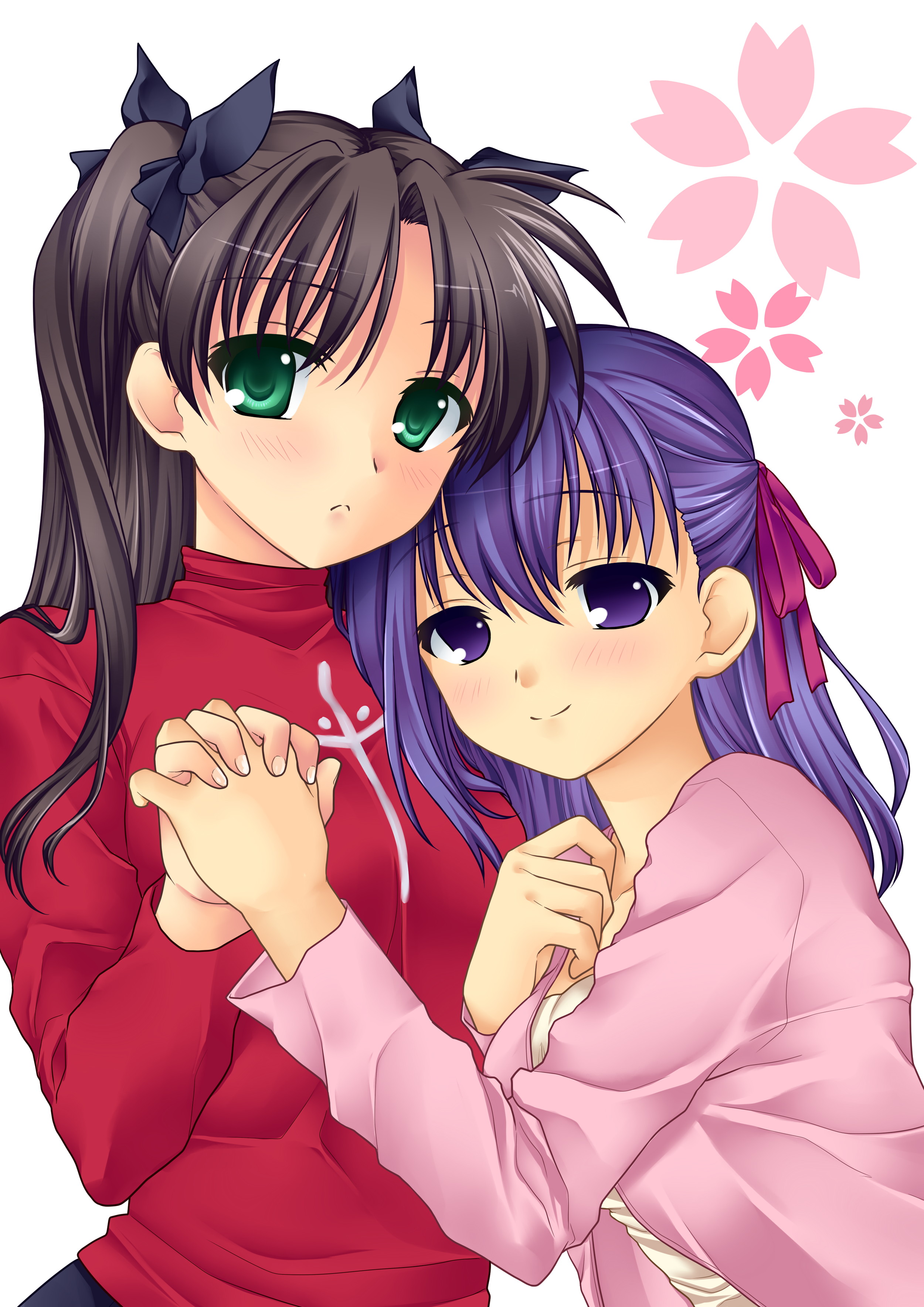 467 (artist), matou sakura, tohsaka rin, fate/stay night, fate (series), absurdres, bad id, bad pixiv id, highres, 00s, 2girls, black hair, blush, brown hair, female focus, green eyes, hair ribbon, holding hands, incest, long sleeves, multiple girls, purple eyes, purple hair, ribbon, siblings, simple background, sisters, twintails, two side up, white background, yuri