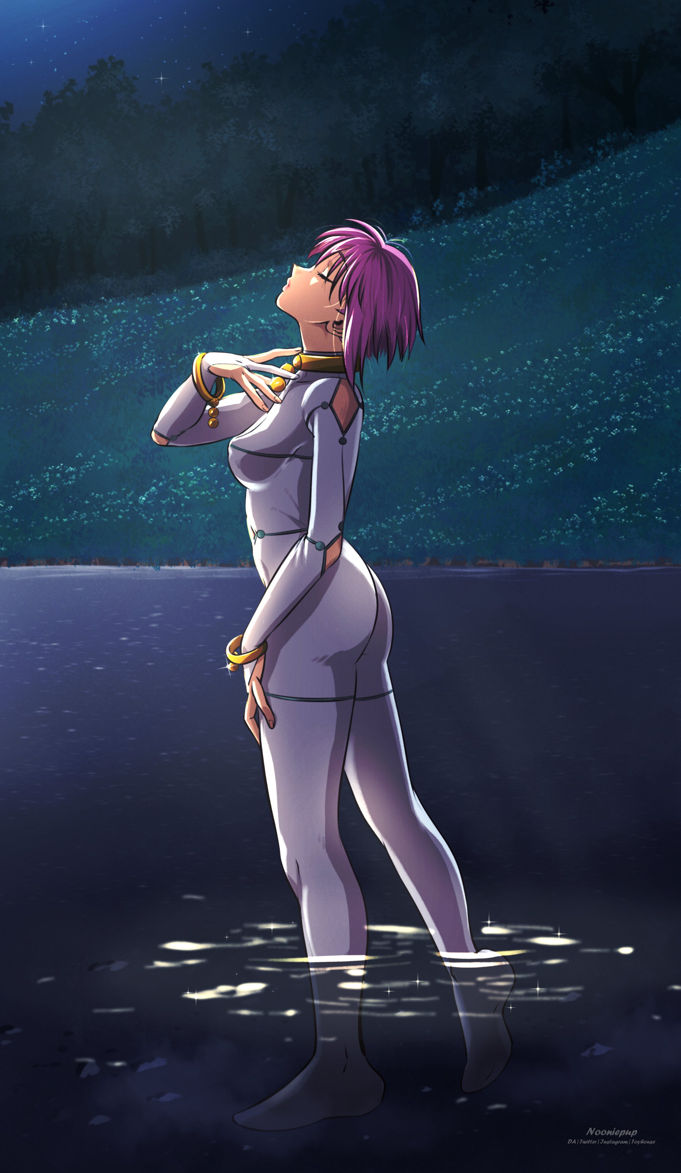 nooniepup, cheza, wolf's rain, absurdres, commentary, english commentary, highres, 1girl, bodysuit, bracelet, closed eyes, clothing cutout, elbow cutout, full body, jewelry, night, outdoors, purple hair, ripples, short hair, shoulder cutout, signature, solo, standing, wading, white bodysuit