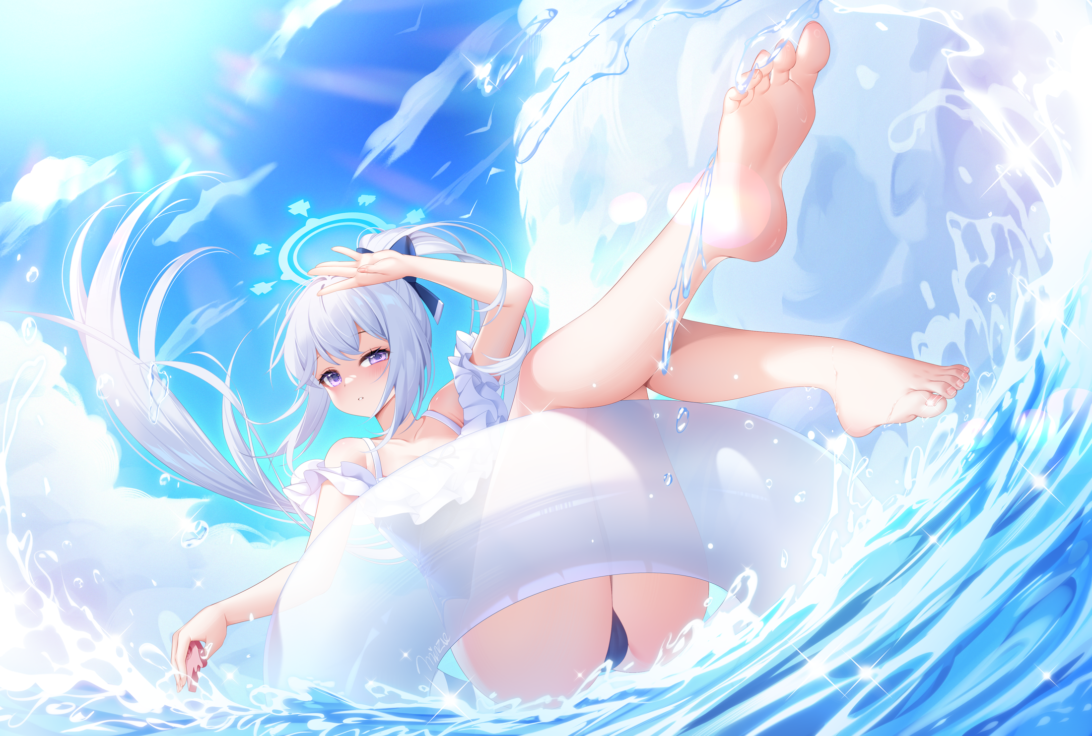 minzieart, miyako (blue archive), miyako (swimsuit) (blue archive), blue archive, highres, 1girl, barefoot, blue halo, blue sky, cameltoe, day, egyptian toe, halo, innertube, long hair, looking at viewer, ocean, outdoors, purple eyes, sky, soles, solo, swim ring, swimsuit, waves, white hair