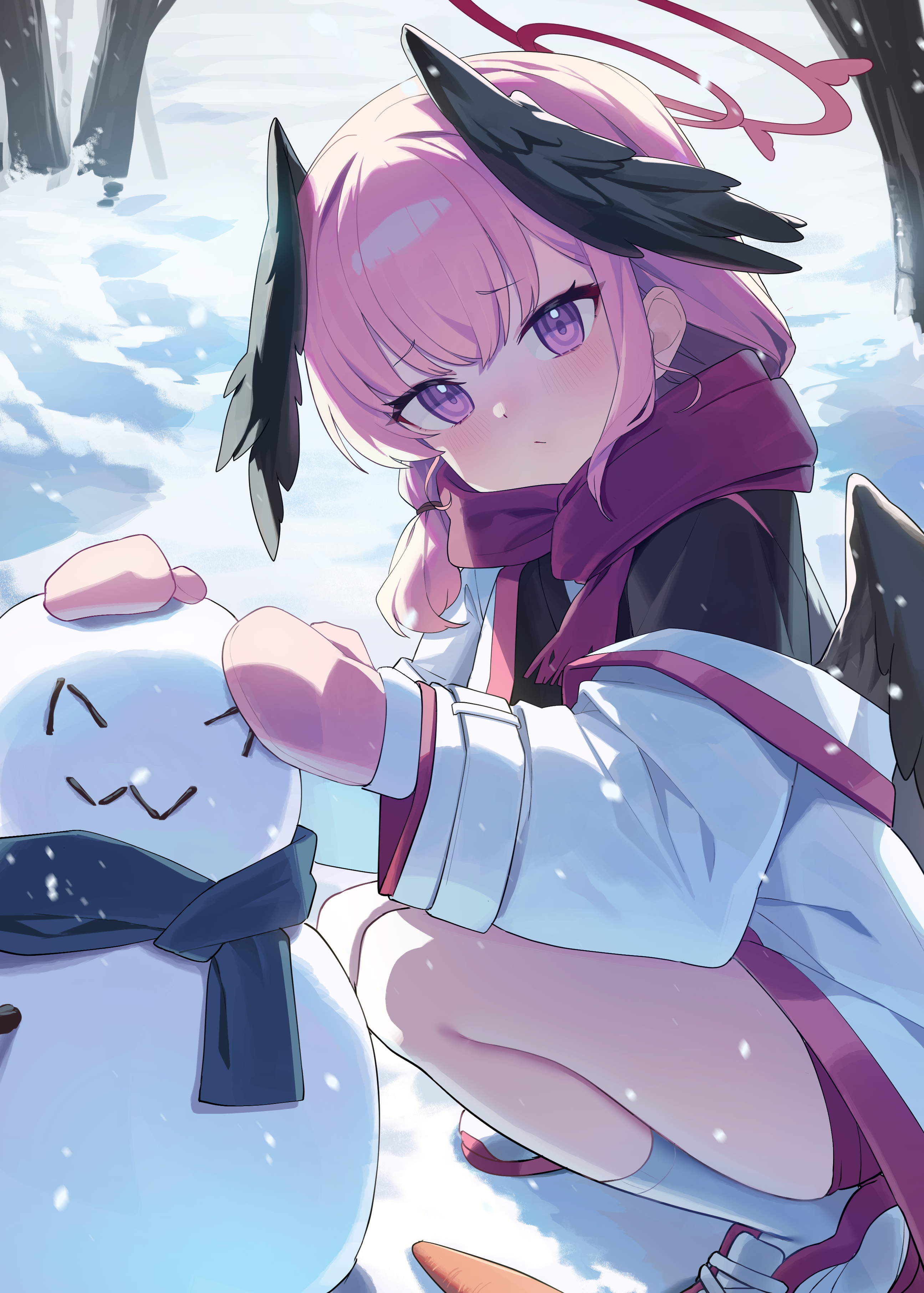 bada (jksh5056), doodle sensei (blue archive), koharu (blue archive), sensei (blue archive), blue archive, character snowman, absurdres, commentary request, highres, 1girl, alternate costume, alternate hairstyle, black shirt, black wings, blue scarf, coat, halo, head wings, light blush, looking at viewer, low side ponytail, mittens, outdoors, pink eyes, pink hair, pink mittens, purple scarf, purple shorts, red halo, scarf, shirt, shorts, snow, snowing, snowman, socks, solo, squatting, tree, white coat, white socks, winged halo, wings, winter