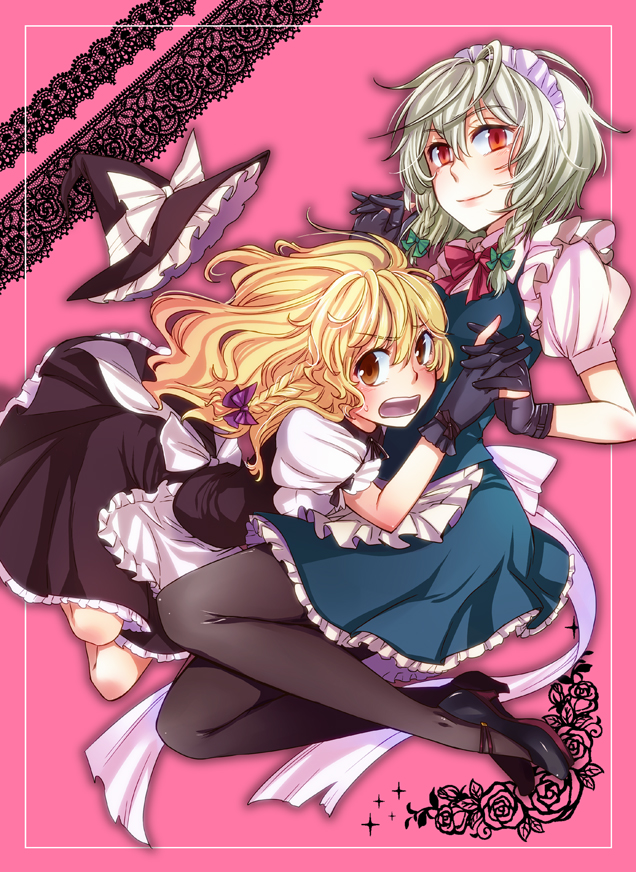 matilda (matildax), izayoi sakuya, kirisame marisa, embodiment of scarlet devil, touhou, silver hair, bad id, bad pixiv id, 2girls, blonde hair, blush, braid, female focus, fingerless gloves, gloves, hat, holding hands, long hair, maid, multiple girls, pantyhose, red eyes, short hair, twin braids, witch, witch hat, yellow eyes