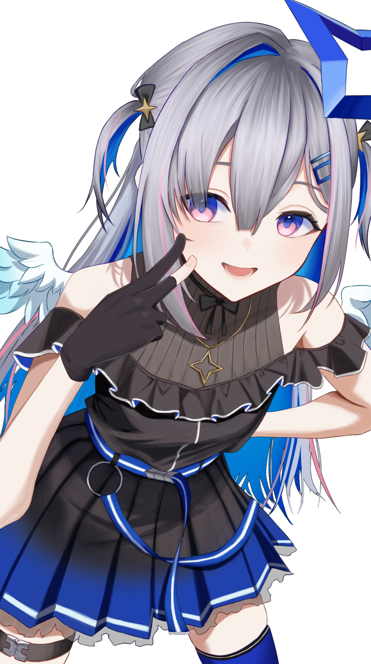 salvation48931, amane kanata, amane kanata (work), hololive, commentary request, highres, 1girl, aqua wings, arm behind back, asymmetrical bangs, asymmetrical hair, bare shoulders, black dress, black gloves, black ribbon, blue hair, blush, bow, choker, colored inner hair, company name, dress, feathered wings, frilled dress, frills, gloves, gradient wings, grey hair, hair between eyes, hair bow, hair ornament, hairclip, halo, jewelry, long hair, looking at viewer, multicolored hair, multicolored wings, necklace, official alternate costume, official alternate hair length, official alternate hairstyle, open mouth, partially fingerless gloves, pink hair, pleated dress, purple eyes, ribbon, ribbon choker, simple background, single hair intake, sleeveless, sleeveless dress, smile, solo, star (symbol), star halo, star necklace, streaked hair, two side up, virtual youtuber, white background, wings