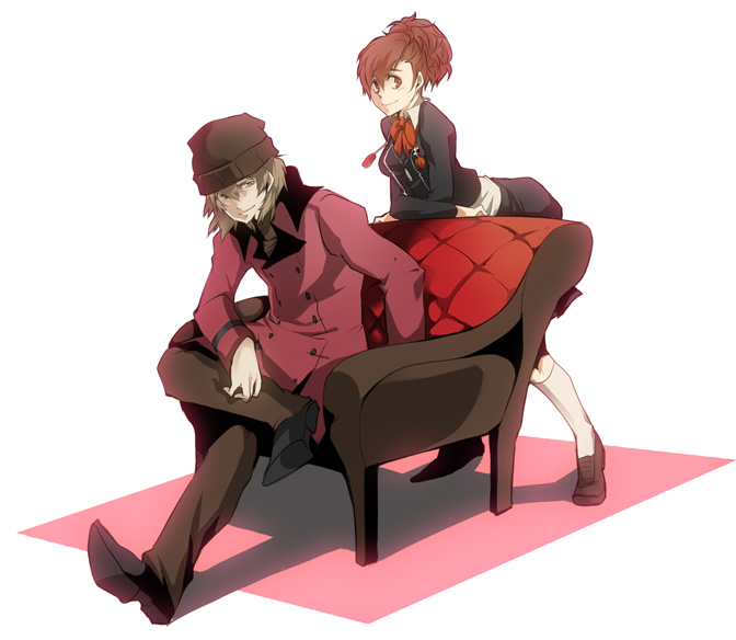 nana (jintyouge), aragaki shinjirou, shiomi kotone, atlus, persona, persona 3, persona 3 portable, 1boy, 1girl, beanie, bow, brown hair, coat, couple, hat, headphones, hetero, school uniform, short hair, smile, trench coat