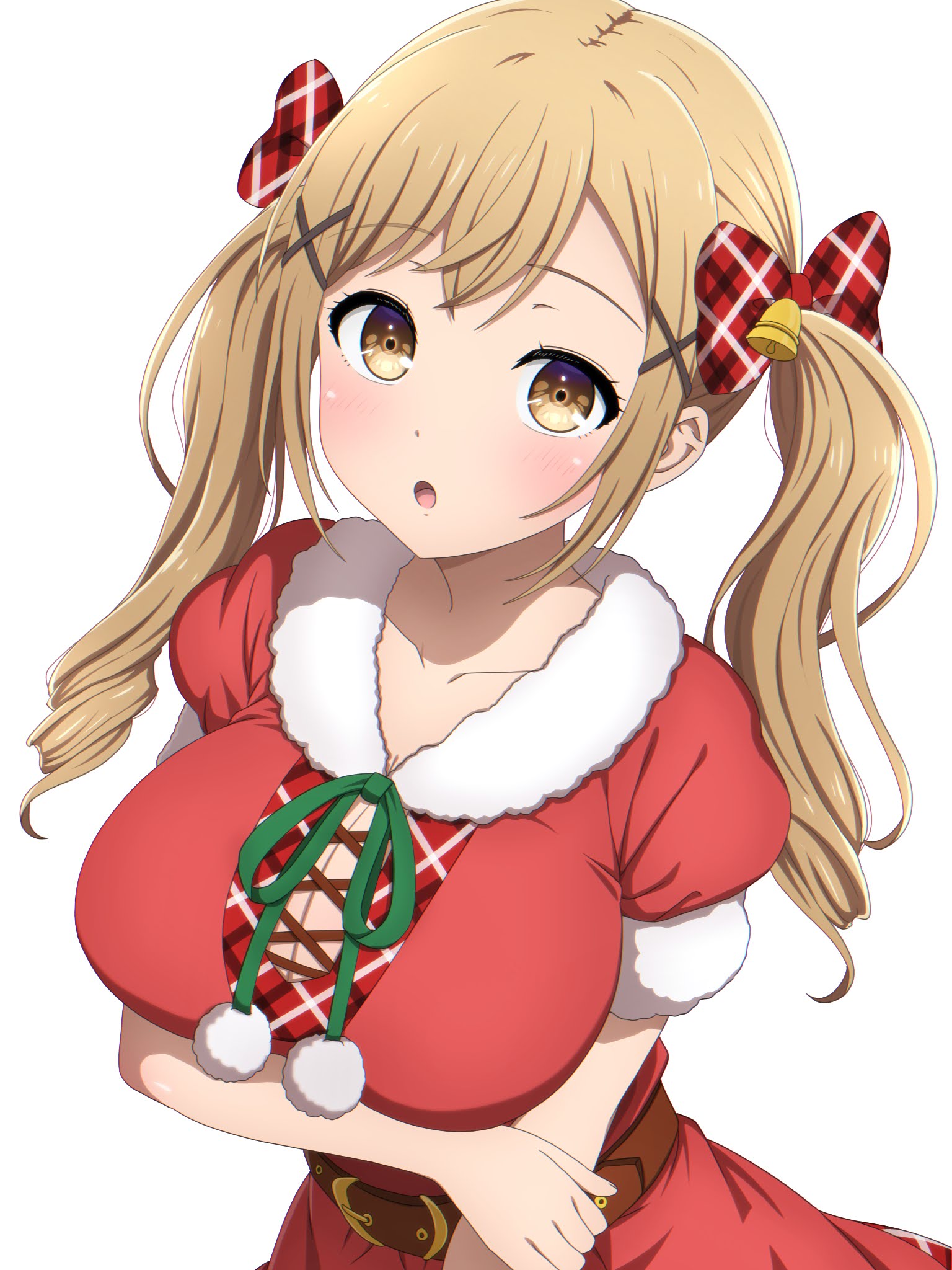 noshimurin, ichigaya arisa, bang dream!, commentary request, highres, 1girl, belt, bow, breasts, brown belt, brown eyes, brown hair, cleavage, dress, green ribbon, hair bow, hair ornament, long hair, open mouth, plaid bow, red bow, red dress, ribbon, short sleeves, solo, twintails, x hair ornament