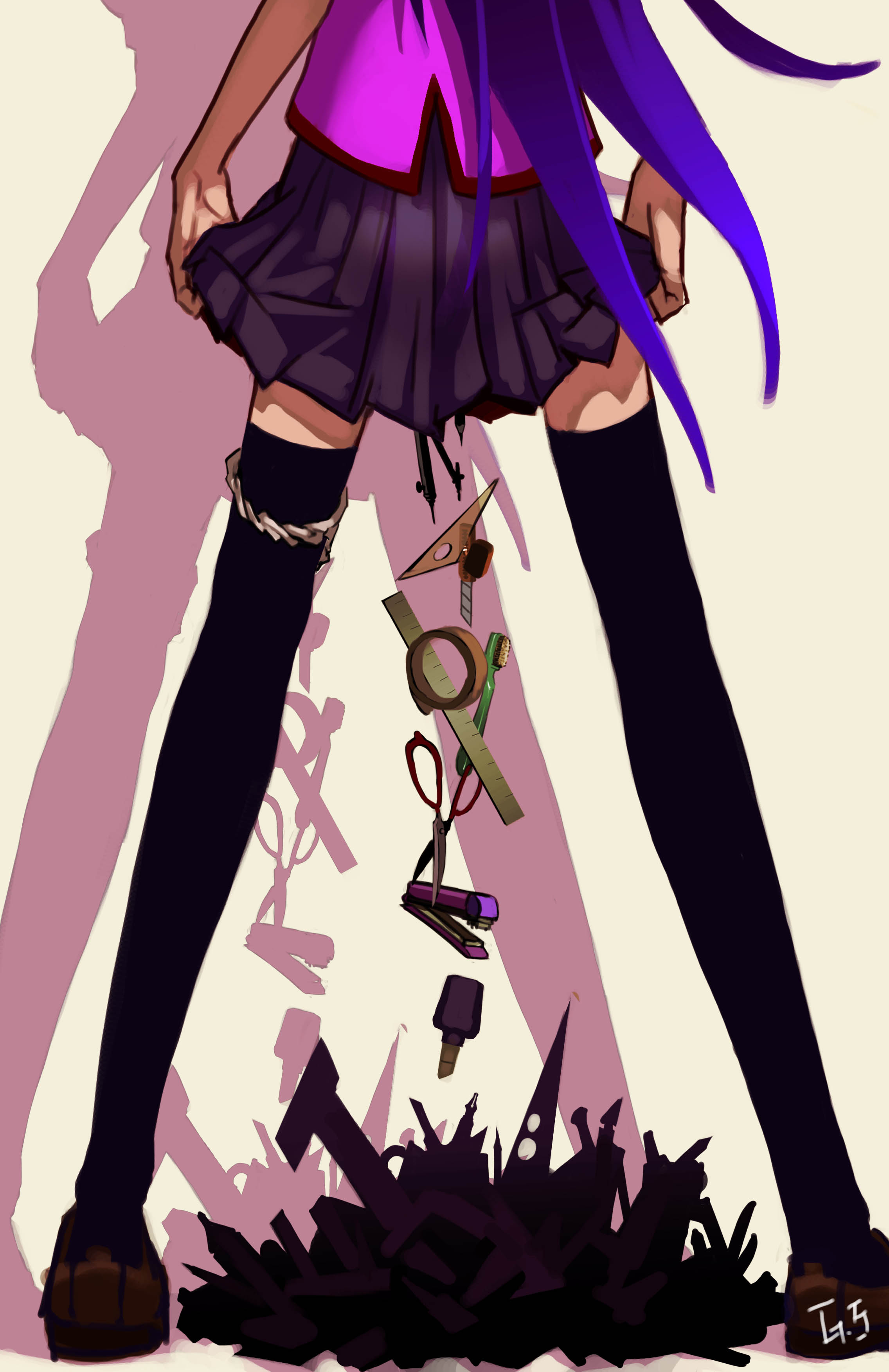 as109, senjougahara hitagi, bakemonogatari, monogatari (series), absurdres, bad id, bad pixiv id, highres, 00s, 1girl, female focus, long hair, panties, panties around leg, purple hair, shoes, skirt, solo, thighhighs, underwear