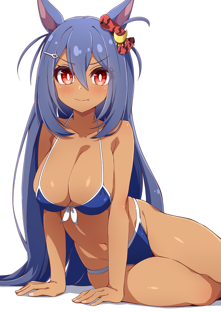 hiro (pqtks113), hishi amazon (umamusume), umamusume, 1girl, alternate costume, animal ears, bikini, blue bikini, blue hair, breasts, closed mouth, dark-skinned female, dark skin, fang, horse ears, large breasts, looking at viewer, red eyes, smile, solo, swimsuit