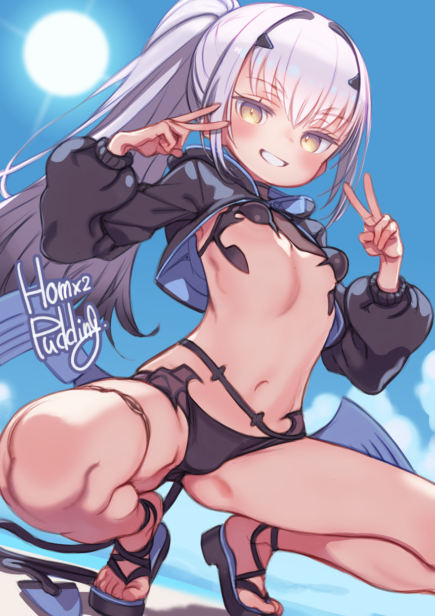 puddinghomhom, melusine (fate), fate/grand order, fate (series), commentary request, highres, paid reward available, 1girl, artist name, bikini, black bikini, black jacket, breasts, cropped jacket, forked eyebrows, grin, high ponytail, jacket, jewelry, long hair, looking at viewer, navel, ponytail, sandals, shrug (clothing), sidelocks, small breasts, smile, solo, squatting, swimsuit, tail, thighlet, v, white hair, wings, yellow eyes