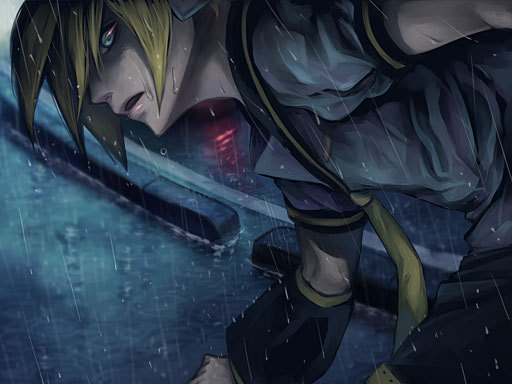 rakug, kagamine len, vocaloid, 1boy, blonde hair, blue eyes, glowing, glowing eyes, headphones, male focus, necktie, solo