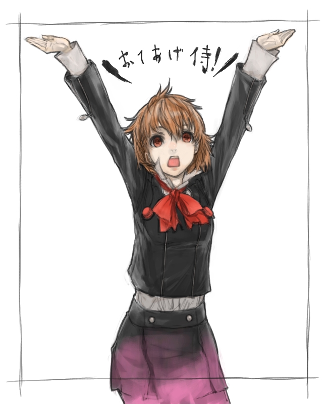 ichinomi, shiomi kotone, atlus, persona, persona 3, persona 3 portable, 1girl, bow, brown hair, female focus, headphones, open mouth, school uniform, short hair, skirt, solo, white background