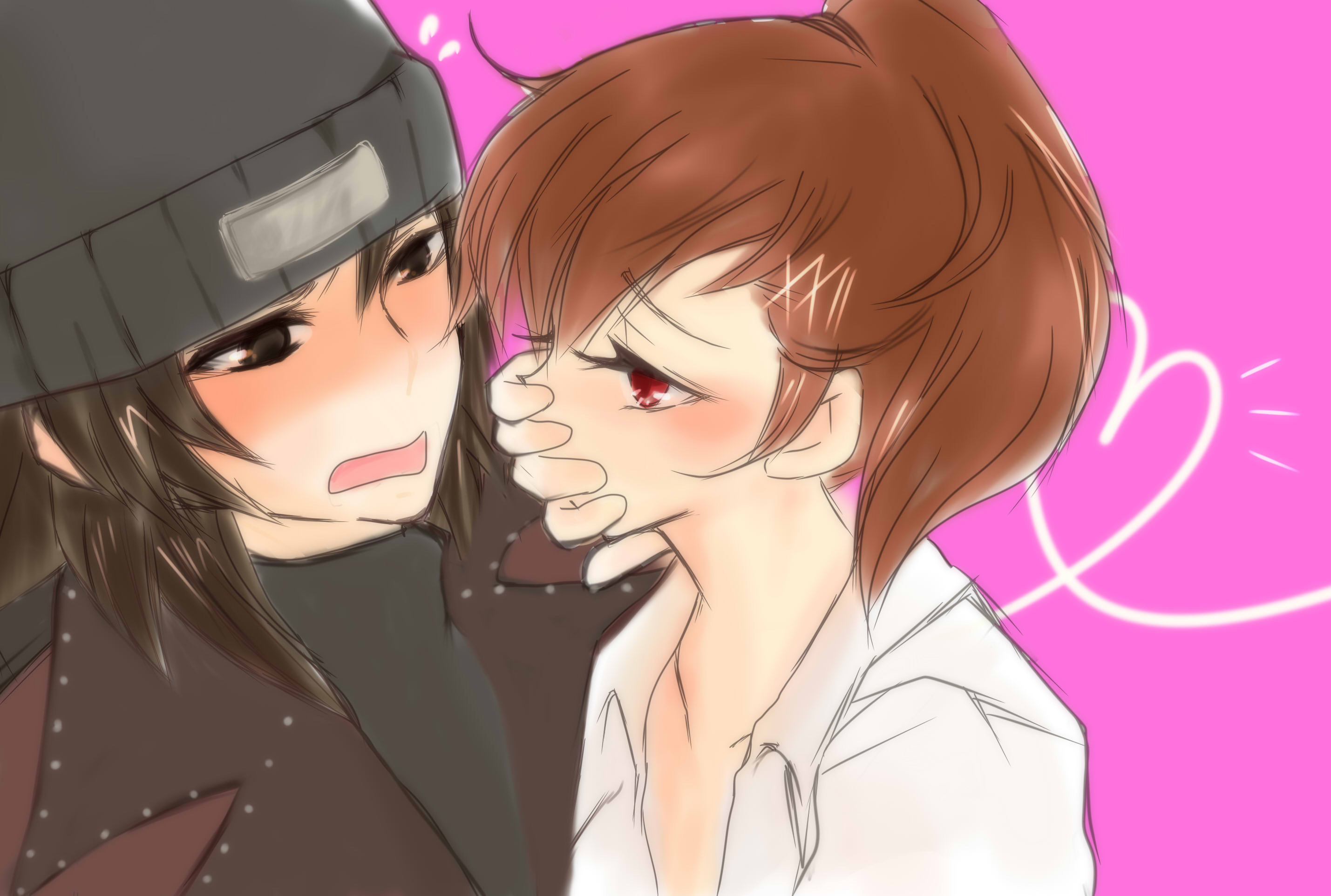 aragaki shinjirou, shiomi kotone, atlus, persona, persona 3, persona 3 portable, highres, 1boy, 1girl, beanie, blush, brown hair, coat, couple, hair ornament, hairclip, hat, hetero, short hair, trench coat