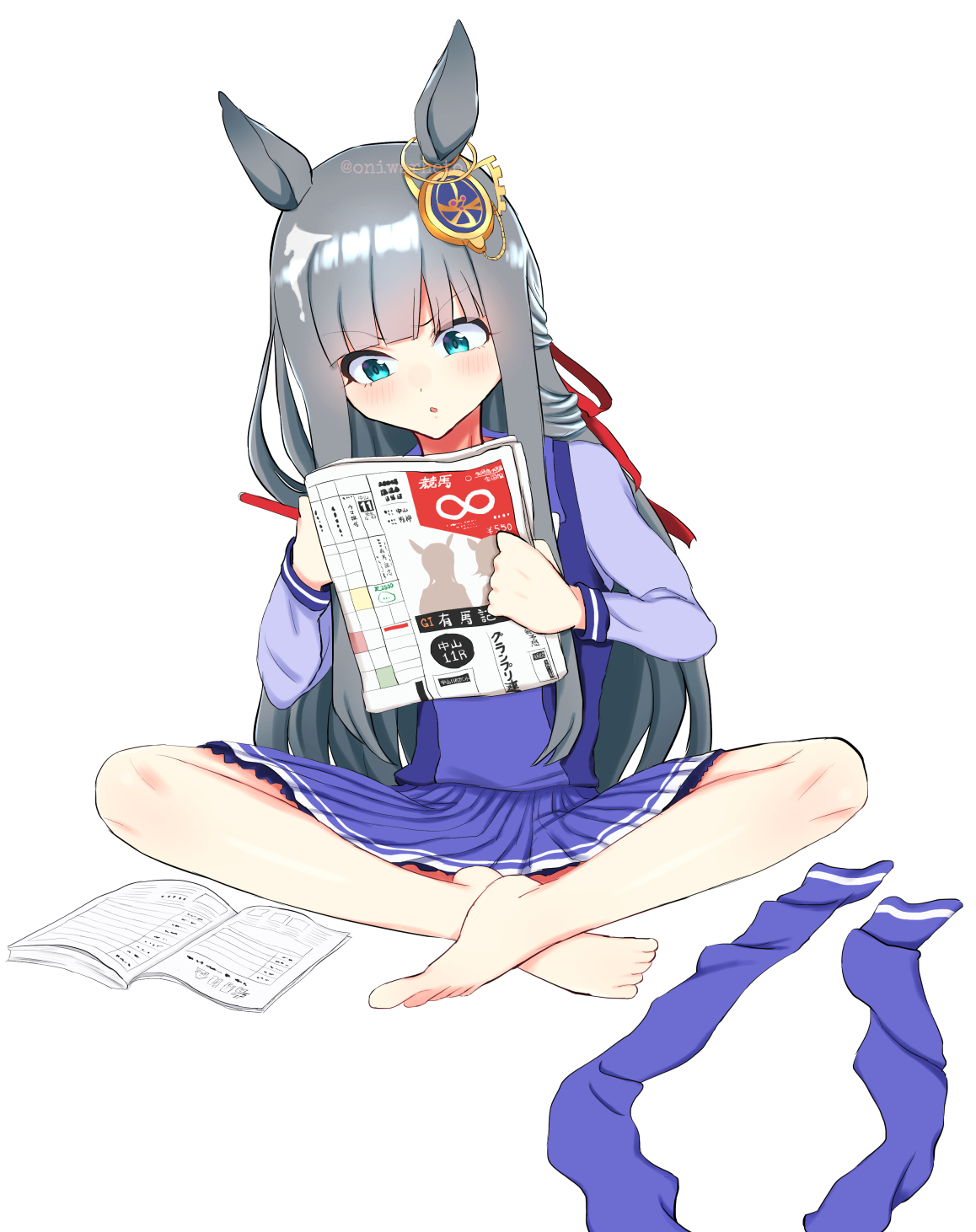 chrono genesis (umamusume), umamusume, highres, 1girl, animal ears, barefoot, brand name imitation, crossed legs, full body, grey hair, holding, holding newspaper, holding pen, horse ears, horse girl, keiba eight, long hair, long sleeves, newspaper, oniwarheto, pen, pleated skirt, purple shirt, purple skirt, purple thighhighs, sailor collar, sailor shirt, school uniform, shirt, sitting, skirt, solo, thighhighs, tracen school uniform, twitter username, unworn thighhighs