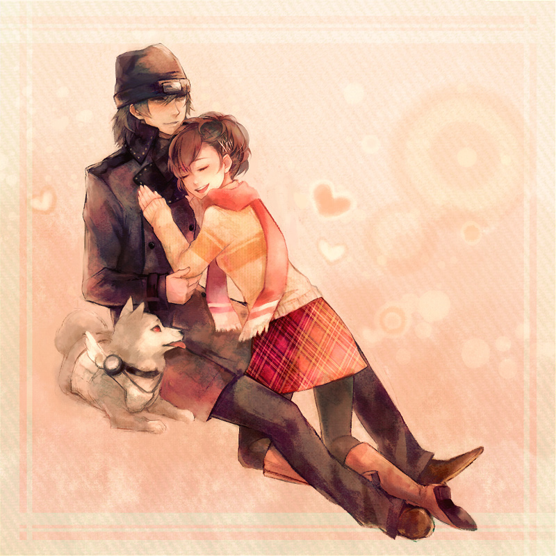 xxnicol, aragaki shinjirou, koromaru (persona), shiomi kotone, atlus, persona, persona 3, persona 3 portable, 1boy, 1girl, animal, beanie, blush, boots, brown hair, closed eyes, coat, couple, dog, hair ornament, hairclip, hat, hetero, pantyhose, plaid clothes, plaid skirt, scarf, short hair, skirt, smile, trench coat