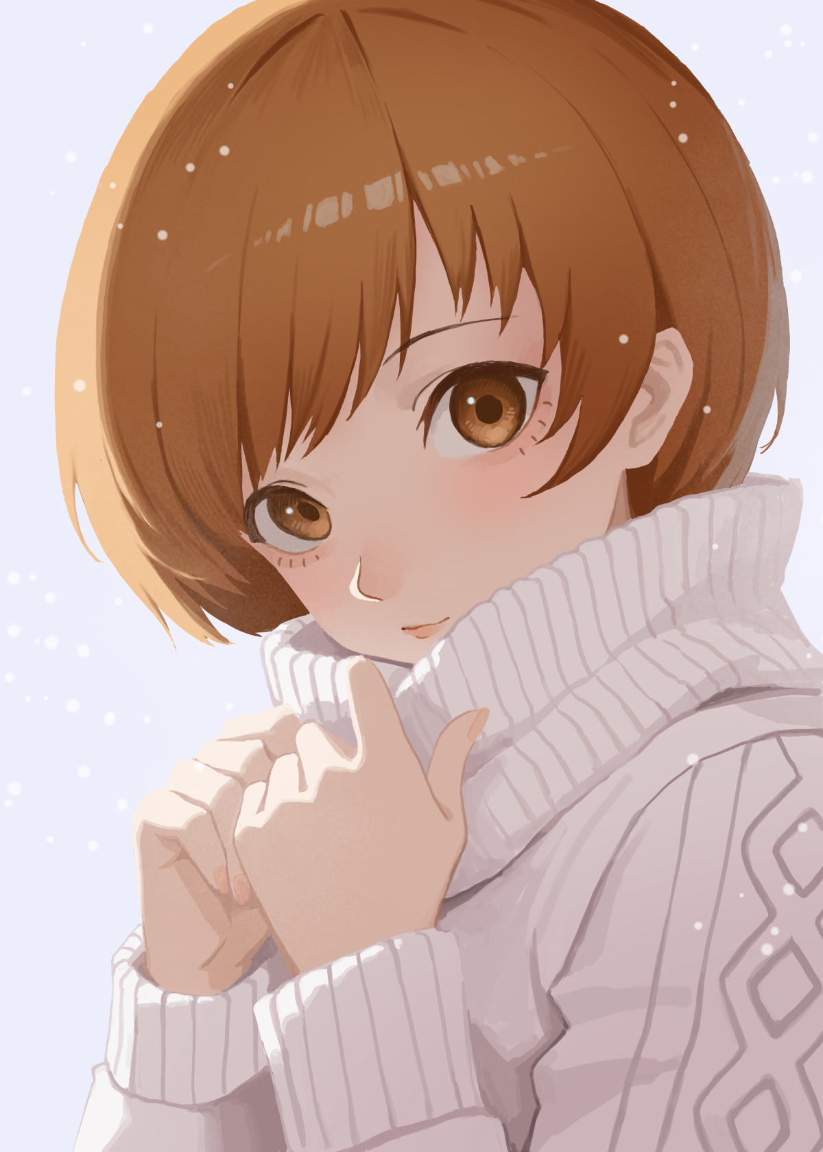 remo reko23, satonaka chie, persona, persona 4, highres, 1girl, aran sweater, brown eyes, brown hair, cable knit, closed mouth, light blush, long sleeves, looking at viewer, short hair, snowing, solo, sweater, upper body, white sweater, winter clothes