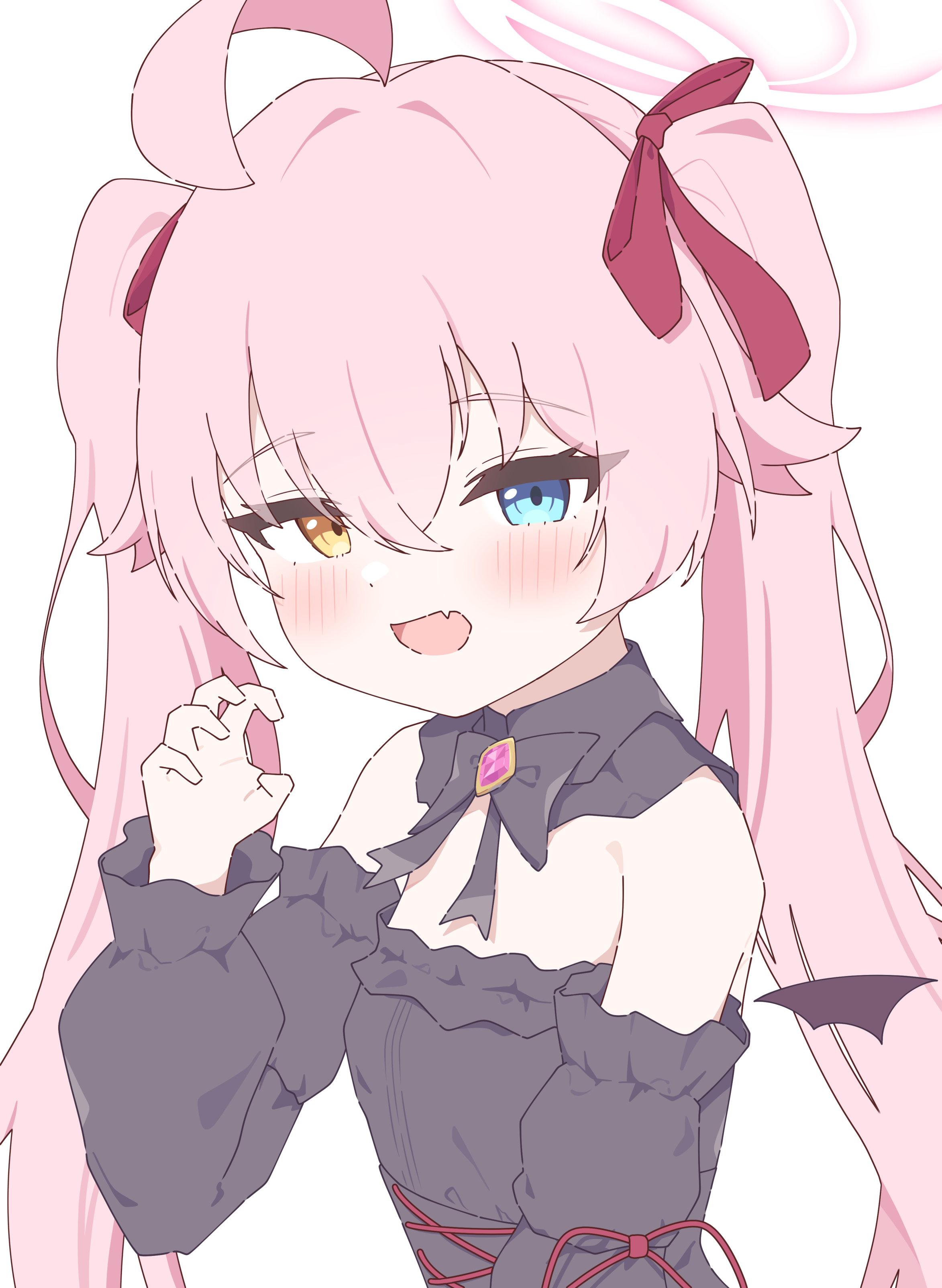 fyzt nemu, hoshino (blue archive), blue archive, absurdres, commentary request, highres, 1girl, bare shoulders, black bow, black bowtie, black dress, blush, bow, bowtie, colored eyebrows, dress, eyelashes, gem, hair between eyes, halo, hand up, heterochromia, looking at viewer, mini wings, open mouth, pink gem, pink halo, red ribbon, ribbon, twintails, wings