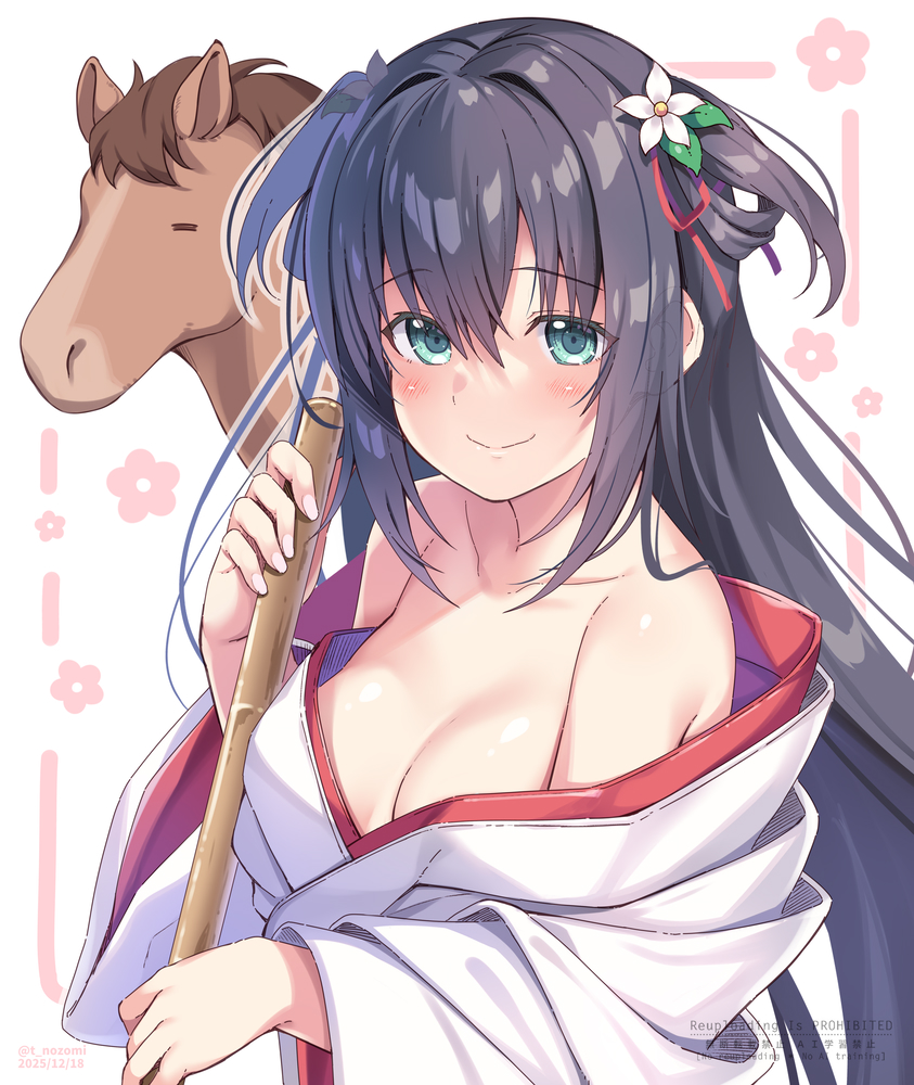 nozomi tsubame, yukiha (nozomi tsubame), original, 1girl, bare shoulders, black hair, blue eyes, breasts, flower, hair flower, hair ornament, horse, japanese clothes, long hair, looking at viewer, medium breasts, miko, off shoulder, smile, solo, upper body