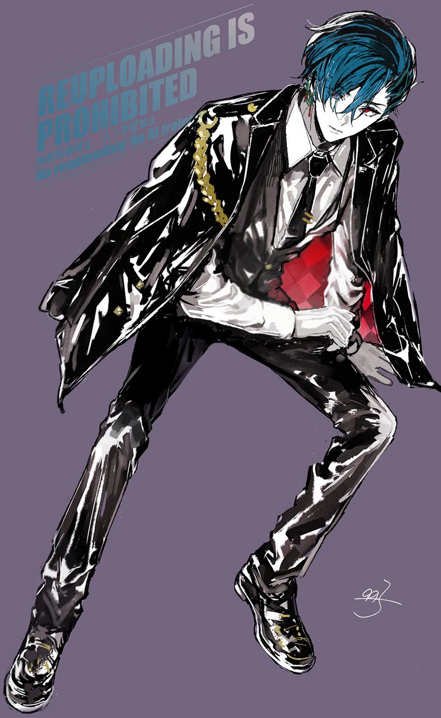 akuma shitsuji to kuroi neko, commentary request, highres, 1boy, aiguillette, black jacket, black necktie, black pants, black shoes, black vest, blue hair, closed mouth, collared shirt, cross, cross earrings, curled fingers, double-parted bangs, dress shirt, dress shoes, ear chain, earrings, expressionless, formal clothes, full body, hair between eyes, hair over one eye, haures clifford, head tilt, invisible chair, jacket, jacket on shoulders, jewelry, lapels, linked piercing, long sleeves, looking at viewer, male focus, multicolored jacket, necktie, nonoko (meg36544), notched lapels, pants, partially colored, piercing, purple background, red eyes, red jacket, shirt, shoes, short hair, signature, sitting, solo, tie clip, two-tone jacket, vest, waistcoat, watermark, white shirt, wing collar