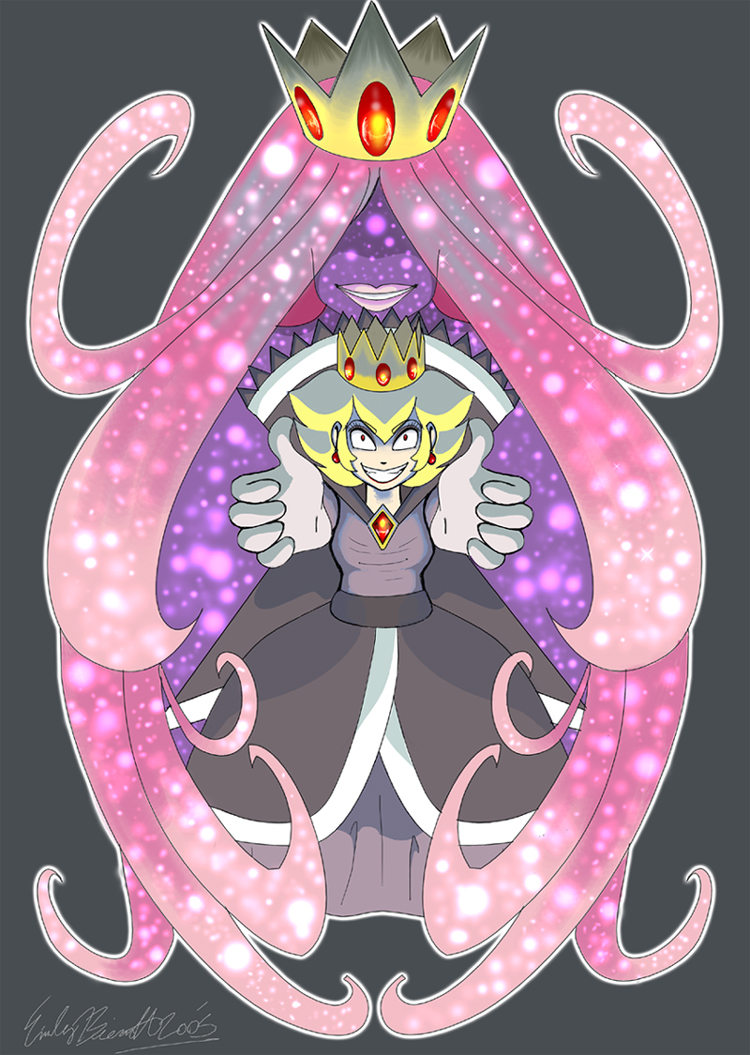 princess peach, shadow queen, mario (series), nintendo, paper mario, super mario bros. 1, super mario rpg, 1girl, crown, gem, smile