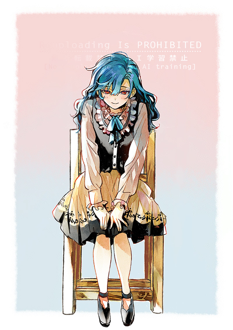 akuma shitsuji to kuroi neko, 1girl, bib collar, black shoes, black vest, blue background, blue hair, blush, border, buttons, chair, closed mouth, collar, cowlick, double-parted bangs, facing viewer, frilled collar, frilled sleeves, frills, full body, gradient background, hair between eyes, hands on lap, leaning forward, long hair, long sleeves, looking down, medium skirt, nonoko (meg36544), pink background, print skirt, red eyes, shirt, shoes, sitting, skirt, smile, solo, tricia clifford, vest, waistcoat, watermark, wavy hair, white border, white shirt, wooden chair, yellow skirt