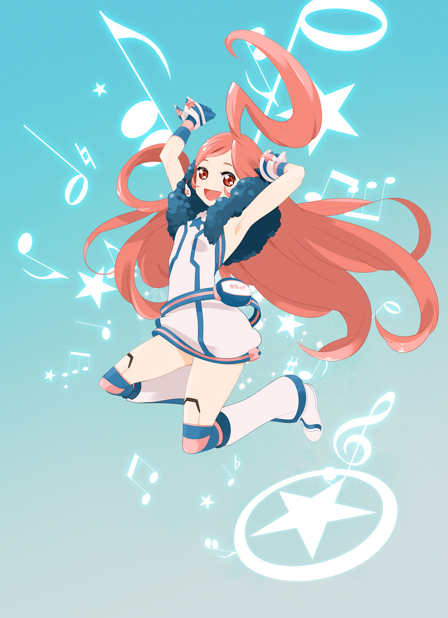 fukuzou, furoi, sf-a2 miki, vocaloid, multicolored legwear, bad id, bad pixiv id, highres, 1girl, ahoge, android, belt, boots, dress, female focus, gloves, headphones, headset, joints, kneehighs, long hair, musical note, red eyes, red hair, robot joints, smile, socks, solo, star (symbol), striped clothes, striped gloves, striped socks, very long hair, wrist cuffs