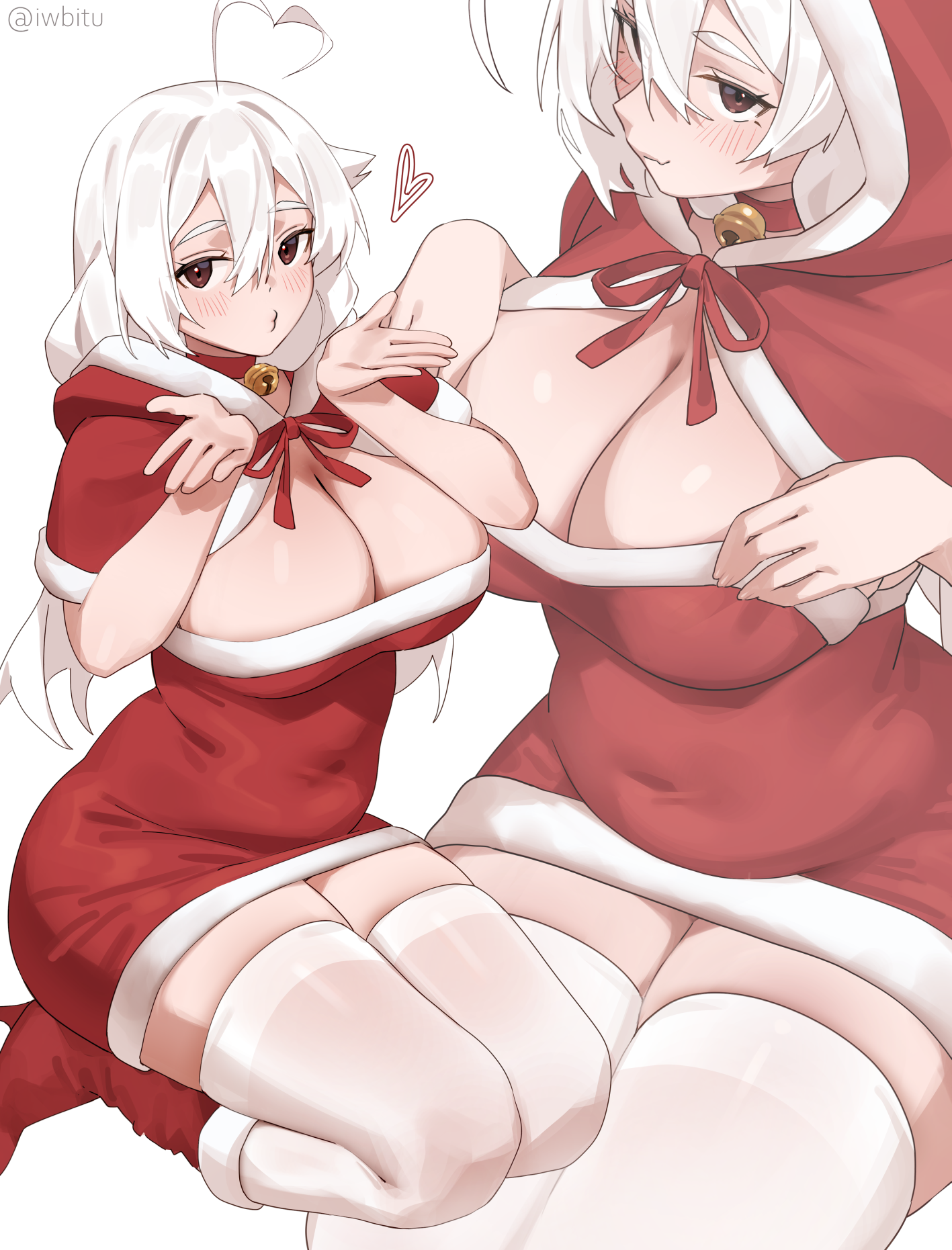 iwbitu, nyopu, original, commentary, highres, 1girl, ahoge, artist name, bare arms, bell, bikini, blowing kiss, boots, breasts, brown eyes, capelet, choker, cleavage, covered navel, dress, front-tie bikini top, front-tie top, fur-trimmed capelet, fur-trimmed hood, fur trim, hair between eyes, hands on own chest, heart, heart ahoge, hood, hood down, hood up, hooded capelet, huge breasts, jingle bell, light blush, long hair, looking at viewer, multiple views, navel, neck bell, neck ribbon, o3o, plump, red boots, red capelet, red choker, red ribbon, ribbon, santa costume, santa dress, simple background, sitting, smile, swimsuit, thighhighs, twitter username, wariza, white background, white hair, white thighhighs, zettai ryouiki