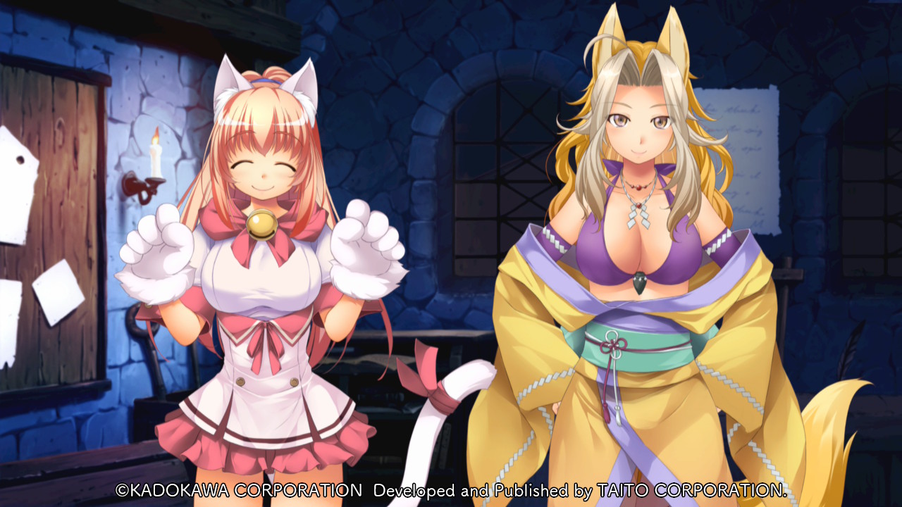 atelier-moo, melody sinclair, tachibana yura, yuukyuu gensoukyoku, game cg, non-web source, official art, variant set, ^ ^, ahoge, animal ears, animal hands, bare shoulders, bell, bikini, blonde hair, breasts, brown eyes, candle, cat ears, cat paws, cat tail, cleavage, closed eyes, closed mouth, company name, cowboy shot, curtained hair, fang, fox ears, fox tail, gloves, green sash, grey hair, hair between eyes, halterneck, hands on own hips, hands up, high ponytail, huge breasts, indoors, japanese clothes, jewelry, kimono, large breasts, long hair, long sleeves, miniskirt, multicolored hair, neck bell, necklace, night, obi, open clothes, open kimono, paw gloves, pink hair, pink skirt, pleated skirt, ponytail, purple bikini, ribbon, sash, short sleeves, side-by-side, sidelocks, skirt, smile, stone wall, swimsuit, tail, tail ornament, tail ribbon, two-tone hair, underbust, w arms, wavy hair, white gloves, wide ponytail, wide sleeves, window, yellow kimono, yuukyuu gensoukyoku revival