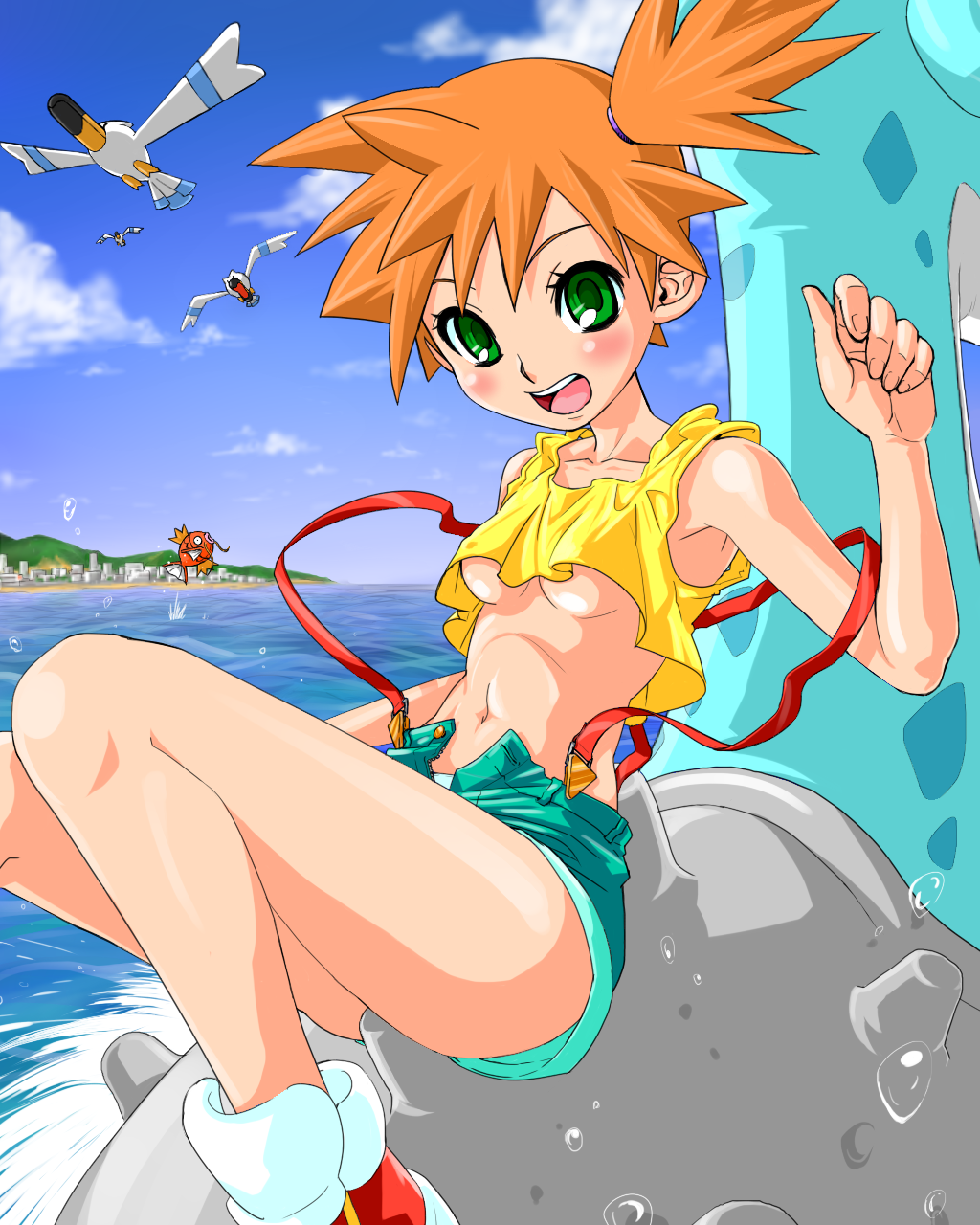 yuuto (chakokin), lapras, magikarp, misty (pokemon), wingull, nintendo, pokemon, pokemon (anime), pokemon (classic anime), highres, 1girl, breasts, denim, denim shorts, gen 1 pokemon, gen 3 pokemon, green eyes, gym leader, midriff, navel, open mouth, orange hair, pokemon (creature), ponytail, short hair, shorts, side ponytail, small breasts, suspenders, underboob, unzipped, water