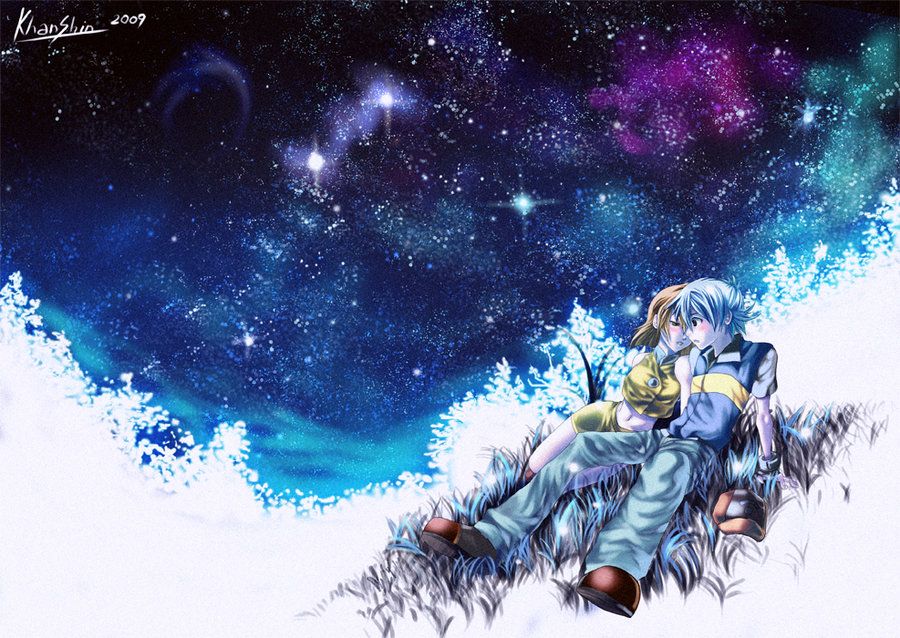 teddypocky, ash ketchum, misty (pokemon), nintendo, pokemon, pokemon (anime), pokemon rse (anime), silver hair, 00s, 1boy, 1girl, 2009, alternate costume, artist name, blush, brown eyes, brown hair, child, couple, hat, hetero, navel, sitting, sky, star (sky), starry sky, unworn hat, unworn headwear