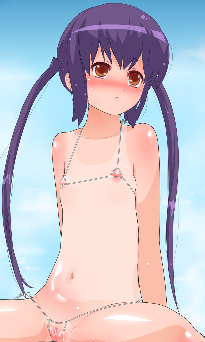 mine (peak), nakano azusa, k-on!, highres, 00s, 1girl, bikini, black hair, blush, brown eyes, crotchless, crotchless panties, feet out of frame, female focus, flat chest, knees out of frame, loli, long hair, micro bikini, nippleless clothes, nipples, nude, one-piece tan, panties, pussy, solo, swimsuit, tan, tanline, twintails, uncensored, underwear