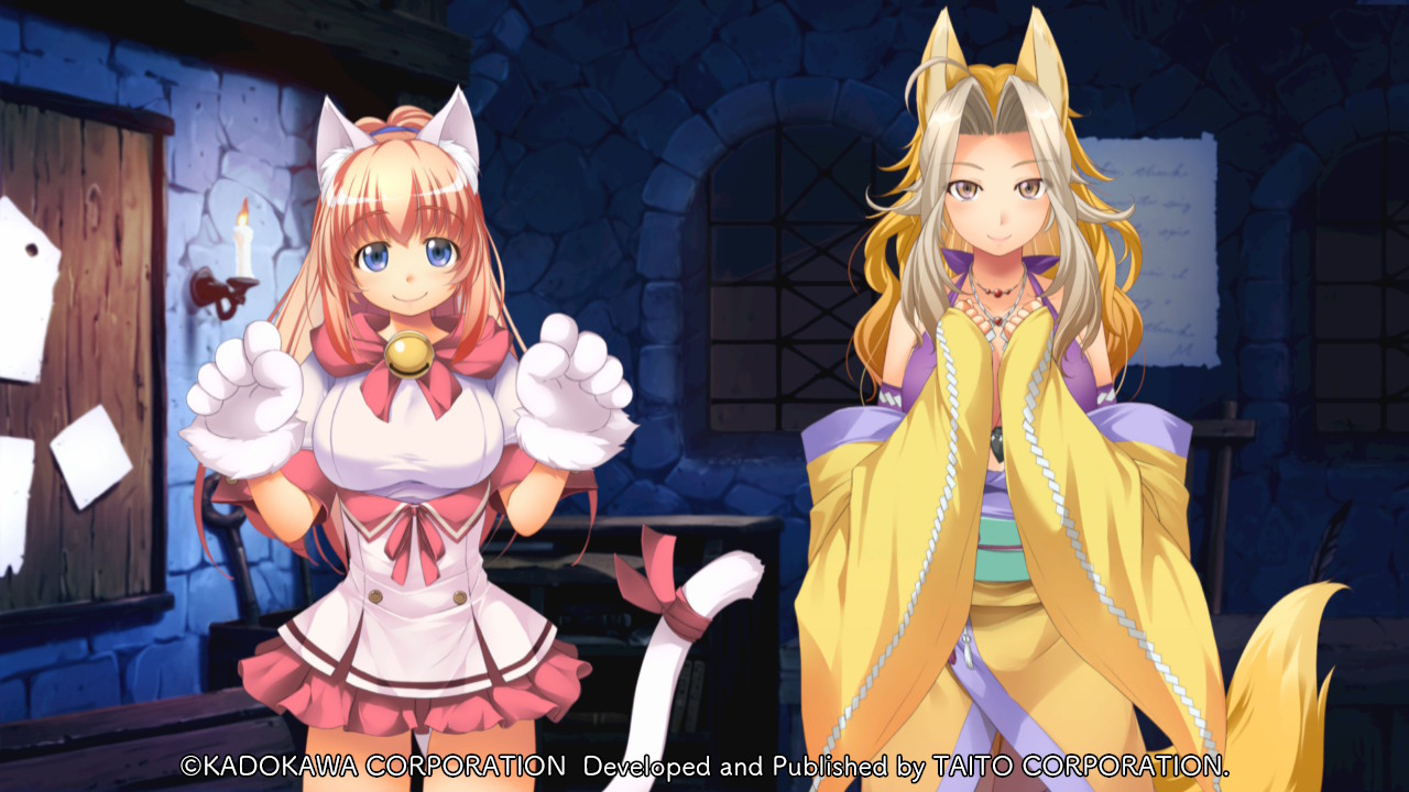 atelier-moo, melody sinclair, tachibana yura, yuukyuu gensoukyoku, game cg, non-web source, official art, variant set, ahoge, animal ears, animal hands, bare shoulders, bell, bikini, blonde hair, blue eyes, breasts, brown eyes, candle, cat ears, cat paws, cat tail, clenched hands, closed mouth, company name, cowboy shot, curtained hair, fang, fox ears, fox tail, gloves, green sash, grey hair, hair between eyes, halterneck, hands on own chest, hands up, high ponytail, huge breasts, indoors, japanese clothes, jewelry, kimono, large breasts, long hair, long sleeves, miniskirt, multicolored hair, neck bell, necklace, night, obi, open clothes, open kimono, paw gloves, pink hair, pink skirt, pleated skirt, ponytail, purple bikini, ribbon, sash, short sleeves, side-by-side, sidelocks, skirt, smile, stone wall, swimsuit, tail, tail ornament, tail ribbon, two-tone hair, underbust, w arms, wavy hair, white gloves, wide ponytail, wide sleeves, window, yellow kimono, yuukyuu gensoukyoku revival