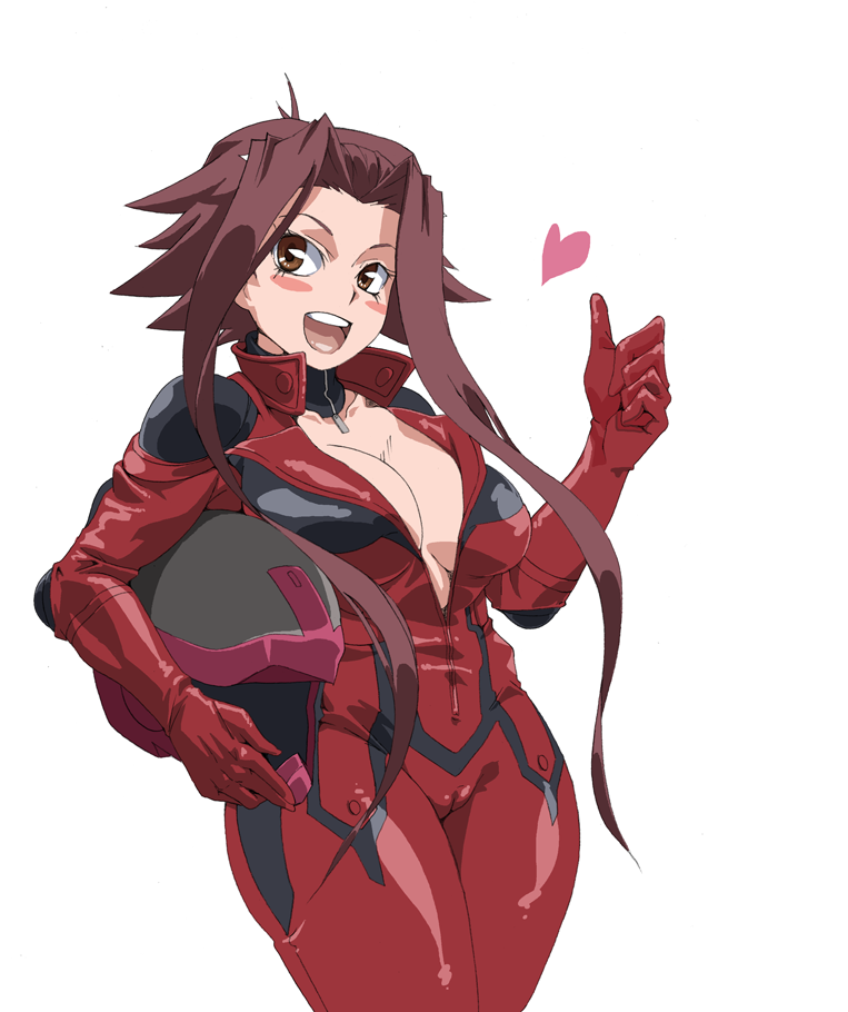 jaga note, izayoi aki, yu-gi-oh!, yu-gi-oh! 5d's, 00s, 1girl, biker clothes, bikesuit, blush stickers, bodysuit, breasts, brown eyes, cameltoe, cleavage, curvy, female focus, heart, helmet, large breasts, looking at viewer, red hair, shiny skin, short hair, short hair with long locks, solo, wide hips