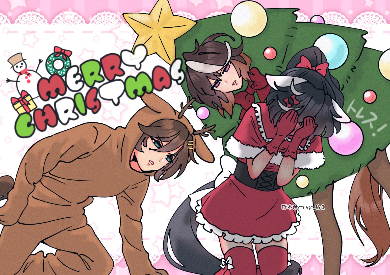 hiiragi no1, katsuragi ace (umamusume), mr. c.b. (umamusume), symboli rudolf (christmas emperor tree) (umamusume), symboli rudolf (umamusume), umamusume, 3girls, alternate costume, animal costume, animal ears, antlers, artist name, black corset, black hair, black tail, brown hair, brown tail, capelet, christmas tree, christmas tree costume, corset, covering own face, dress, fake antlers, fur-trimmed capelet, fur-trimmed dress, fur trim, gloves, green eyes, hair between eyes, horns, horse ears, horse girl, horse tail, long hair, looking at another, merry christmas, multicolored hair, multiple girls, ponytail, purple eyes, red capelet, red gloves, red thighhighs, reindeer antlers, reindeer costume, santa costume, santa dress, streaked hair, tail, thighhighs, white hair