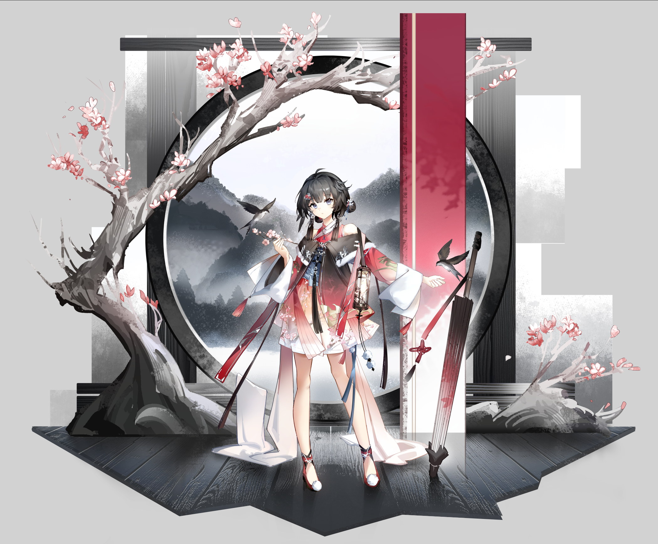 la pluma (arknights), arknights, chinese commentary, commentary request, highres, 1girl, alternate costume, architecture, bird, black hair, chinese clothes, dress, east asian architecture, expressionless, flower, full body, hair flower, hair ornament, hand up, hanfu, holding, looking at viewer, oil-paper umbrella, plum blossoms, red dress, red shoes, shoes, short hair, standing, tachi-e, umbrella, wooden floor, yinren