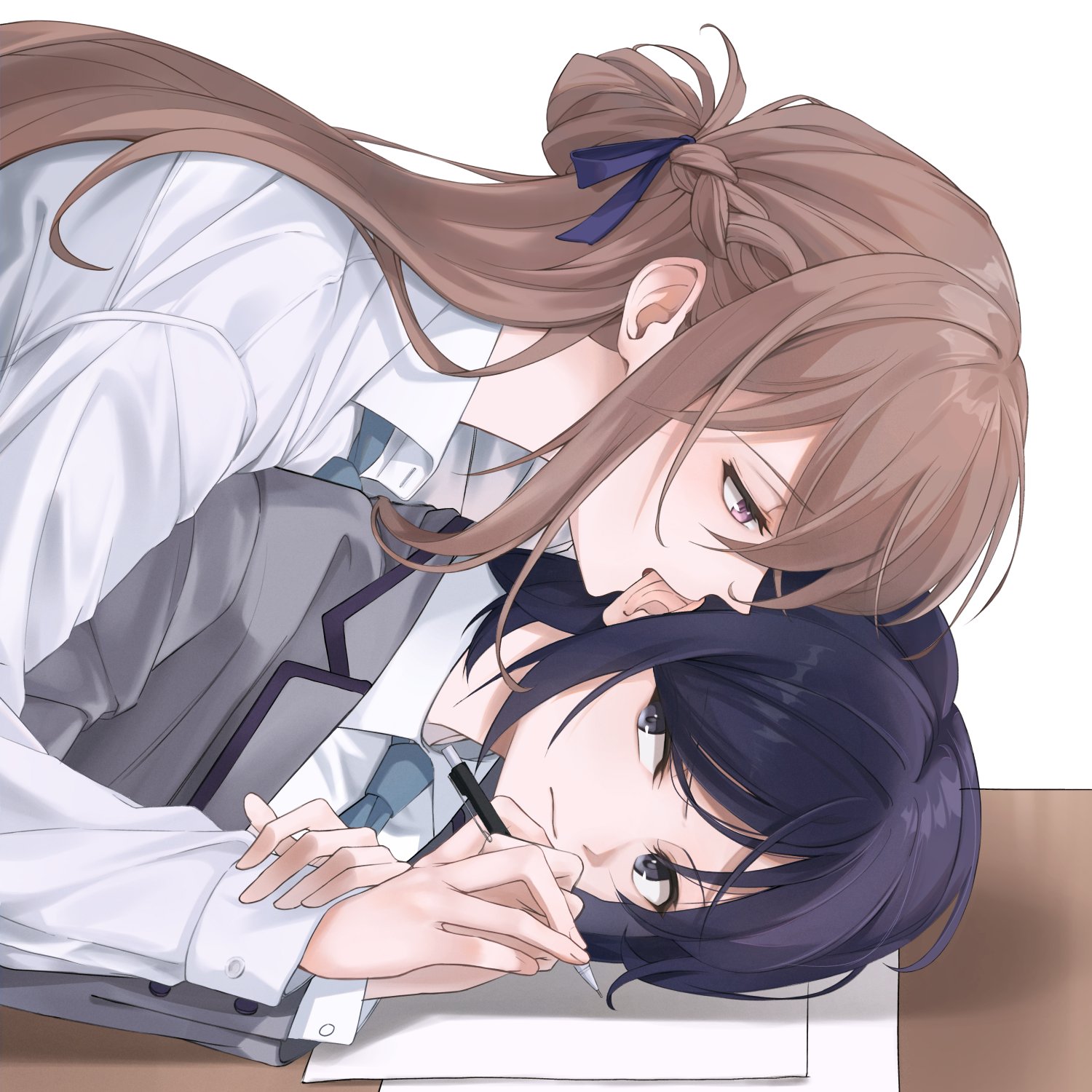 miyagi shiori, sendai hazuki, shuuniichido classmate wo kau hanashi, biting ear, commentary request, highres, 2girls, biting, black eyes, blue hair, blue necktie, blue ribbon, braid, brown hair, closed mouth, grey jacket, hair ribbon, half up braid, holding, holding hands, holding pen, jacket, kyo6159, long hair, long sleeves, multiple girls, necktie, open mouth, pen, purple eyes, ribbon, shirt, short hair, white shirt, yuri