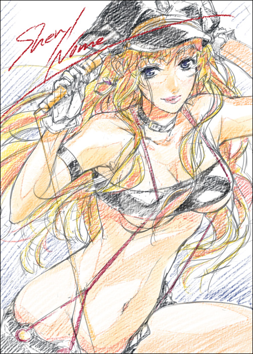 mizuki makoto, sheryl nome, macross, macross frontier, traditional media, 00s, 1girl, bandeau, blonde hair, blue eyes, female focus, gloves, hat, long hair, microphone, midriff, navel, peaked cap, shorts, solo, strapless, suspenders, tube top