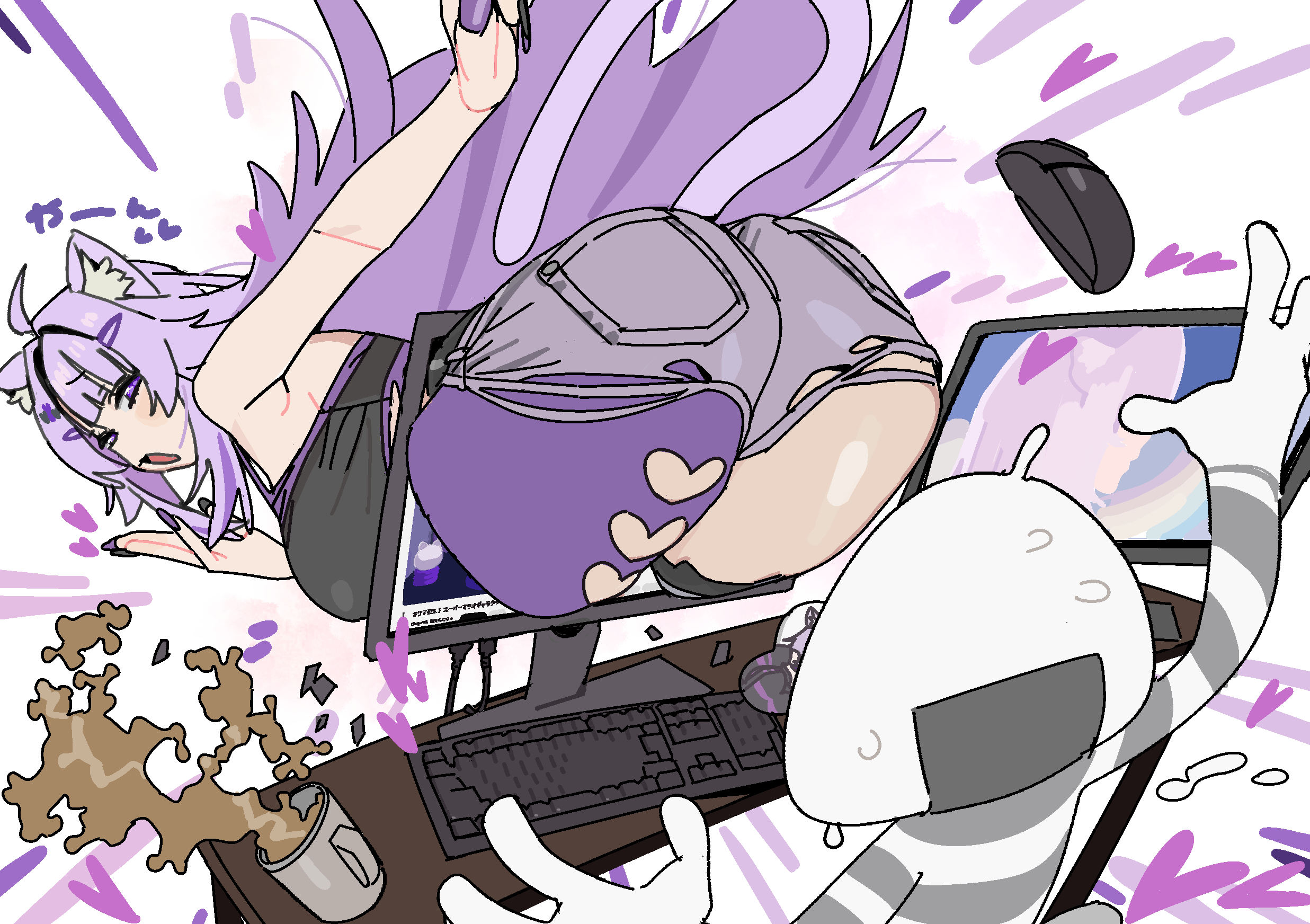 imamura ryou, nekomata okayu, onigirya (nekomata okayu), hololive, commentary request, highres, 1girl, :d, ahoge, animal ear fluff, animal ears, ass, asymmetrical legwear, bare arms, bare shoulders, black shirt, breast mousepad, breasts, cat ears, cat girl, cat tail, computer keyboard, computer mouse, cup, desk, hair intakes, half-closed eyes, heart, large breasts, liquid, long hair, looking at another, looking back, monitor, open mouth, purple eyes, purple hair, purple nails, shirt, sleeveless, sleeveless shirt, smile, straight hair, sweat, tail, thick thighs, thighs, through medium, through screen, torn clothes, virtual youtuber