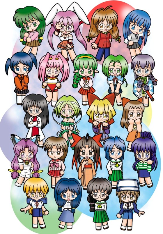 midorikawa lettuce, tokyo mew mew, 00s, 6+girls, ahoge, animal costume, animal ears, arm garter, bell, black hair, blonde hair, blue eyes, blue hair, bow, braid, brown eyes, brown hair, cat costume, cat ears, chibi, choker, glasses, gloves, green eyes, green hair, hair ornament, hair ribbon, happy, hat, jacket, japanese clothes, kimono, long hair, magical girl, multiple girls, necktie, open mouth, paw pose, pink hair, pointy ears, ponytail, purple eyes, purple hair, ribbon, school uniform, shoes, short hair, skirt, smile, socks, standing, twintails, very long hair, yellow eyes