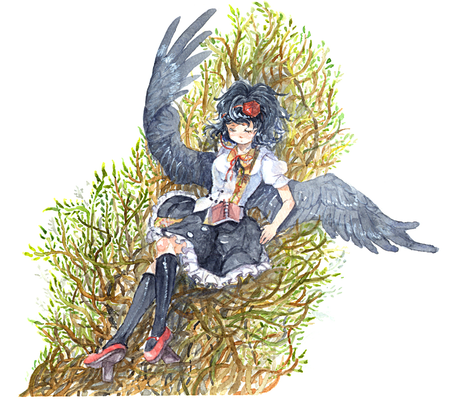 gogo/tad, shameimaru aya, touhou, painting (medium), traditional media, watercolor (medium), 1girl, black hair, black wings, blush, book, closed eyes, female focus, geta, hat, kneehighs, sleeping, socks, solo, tengu-geta, tokin hat, wings