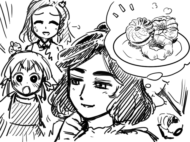 gensoukoumuten, kochiya sanae, moriya suwako, yasaka kanako, touhou, 3girls, :o, blush, donut, female focus, food, frog hair ornament, greyscale, hair ornament, imagining, monochrome, multiple girls, plate, short hair, simple background, snake hair ornament, speech bubble, sweat, tears, thought bubble, white background