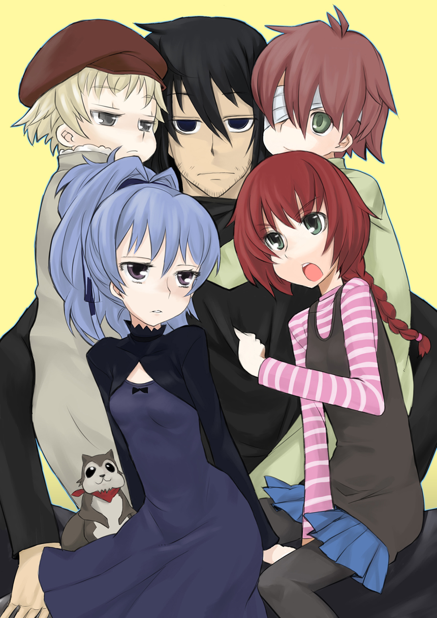 nabeyu, hei (darker than black), july (darker than black), petya, shion pavlichenko, suou pavlichenko, yin (darker than black), darker than black, highres, 00s, 2girls, 3boys, bandages, bisexual male, blue dress, boy sandwich, braid, dress, harem, hug, multiple boys, multiple girls, pantyhose, ponytail, sandwiched, single braid, squirrel, yellow background