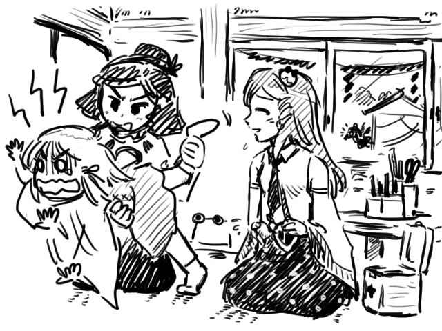 gensoukoumuten, kochiya sanae, moriya suwako, shameimaru aya, yasaka kanako, touhou, 4girls, female focus, first aid, first aid kit, flailing, frog hair ornament, greyscale, hair ornament, hat, leg hold, monochrome, multiple girls, o o, snake hair ornament, tears, unworn hat, unworn headwear, wavy mouth