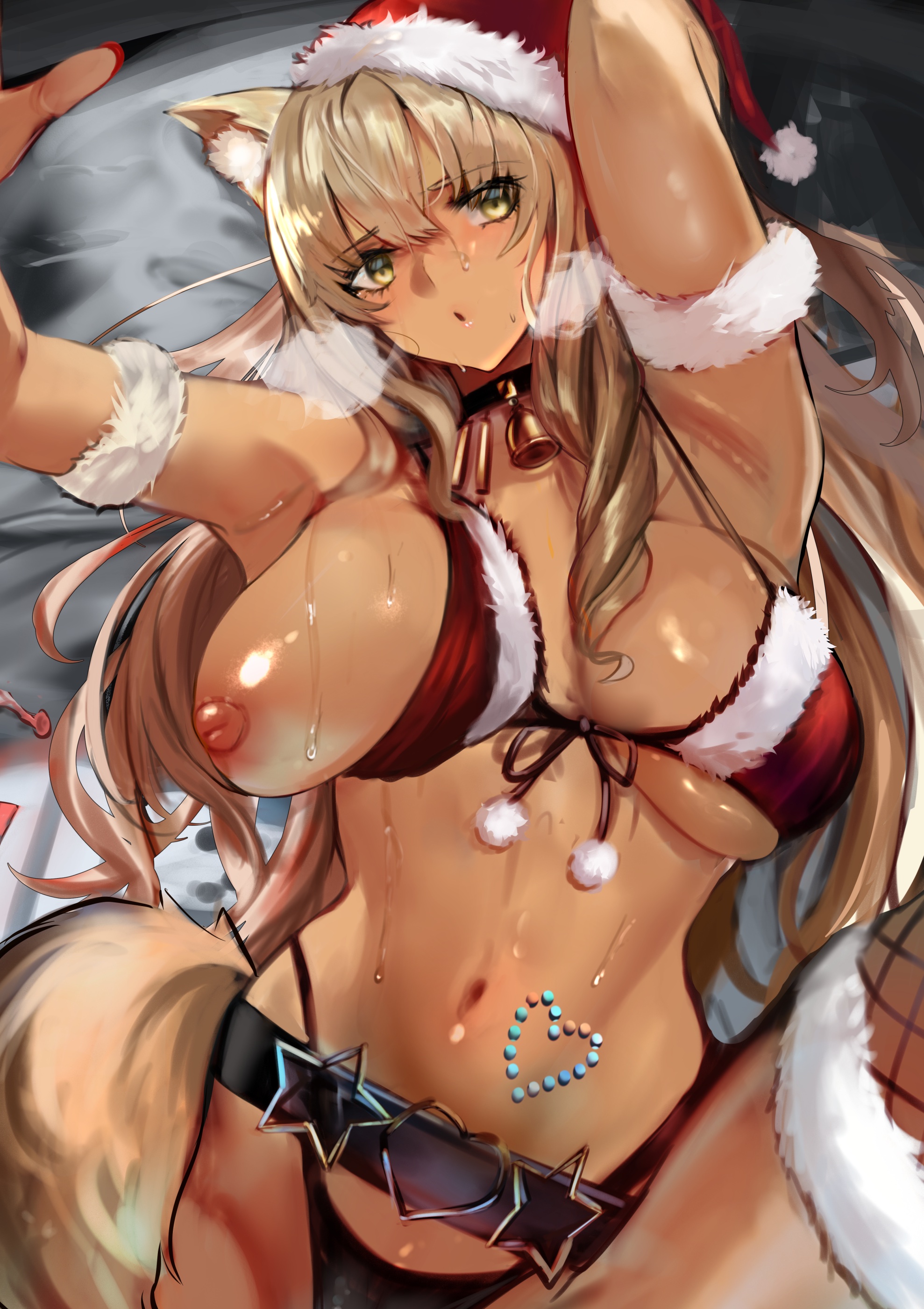 jikihatiman, suzuka gozen (fate), suzuka gozen (santa) (fate), fate/grand order, fate/grand order arcade, fate (series), absurdres, commentary request, highres, 1girl, animal ear fluff, animal ears, armpits, arms up, bare shoulders, bell, belt, blonde hair, breasts, dark-skinned female, dark skin, fishnet thighhighs, fishnets, fox ears, fox girl, fox tail, fur trim, hat, large breasts, long hair, looking at viewer, neck bell, nipples, one breast out, open mouth, red hat, santa costume, santa hat, solo, sweat, tail, tan, thighhighs, thighs, yellow eyes