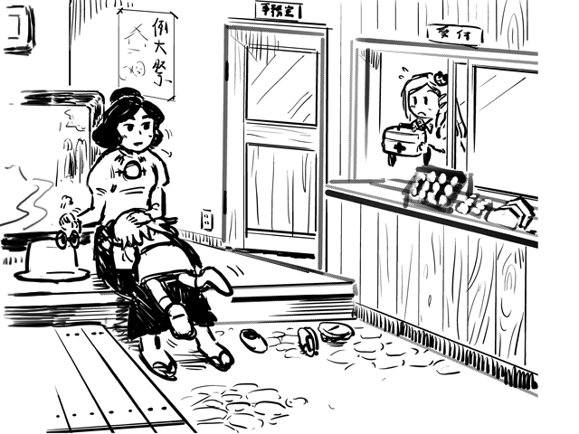 gensoukoumuten, kochiya sanae, moriya suwako, pyonta, yasaka kanako, touhou, 3girls, electrical outlet, ema, female focus, first aid, first aid kit, greyscale, hat, monochrome, multiple girls, sandals, shoes, unworn hat, unworn headwear, unworn shoes