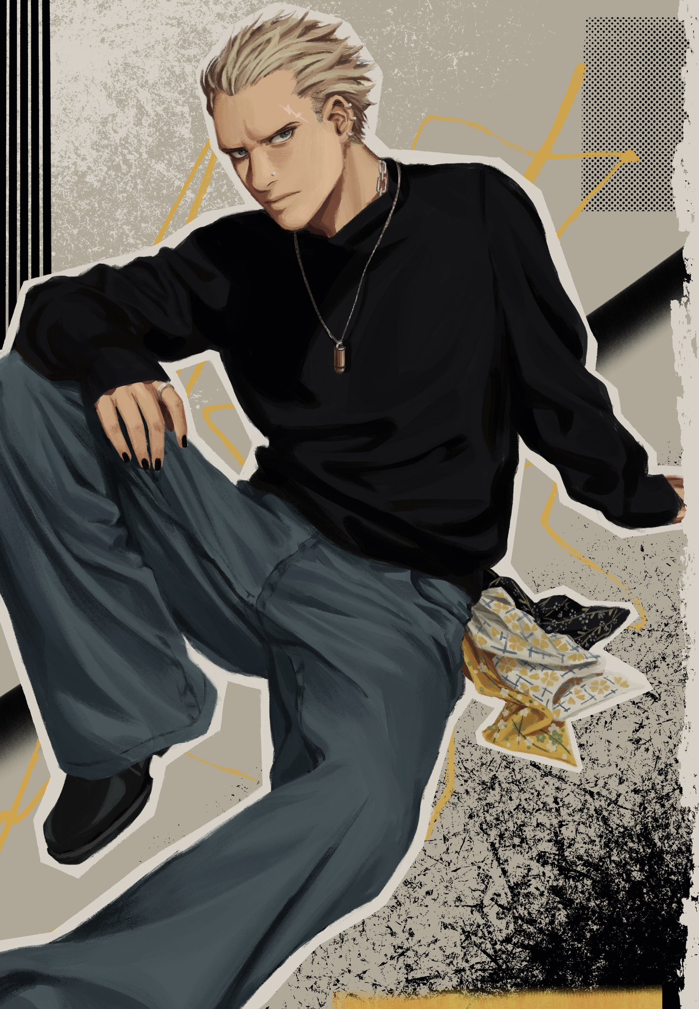 cipcal, tatsumi kanji, persona, persona 4, commentary, english commentary, highres, 1boy, abstract background, arm on knee, bandana, black nails, black shoes, black sweater, blonde hair, chain, chain necklace, closed mouth, denim, earrings, face piercing, floral print, foot out of frame, grey eyes, jeans, jewelry, knee up, male focus, multiple earrings, necklace, nose piercing, outline, pants, piercing, print bandana, ring, scar, scar on face, scar on forehead, shoes, short hair, sitting, solo, spiked hair, sweater, white outline