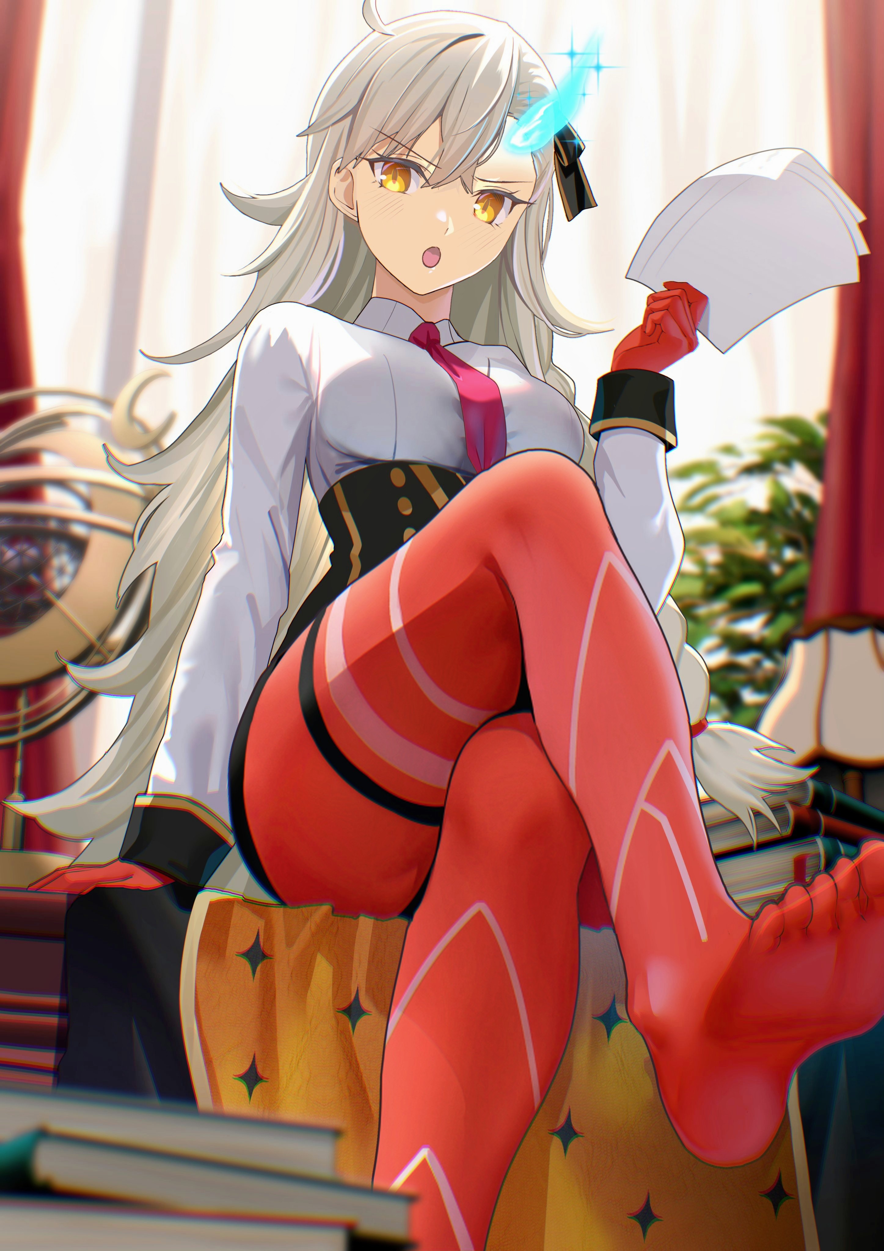 mishiro (ixtlolton), olga marie animusphere, olga marie animusphere (unbeast), fate/grand order, fate (series), absurdres, commentary request, highres, revision, 1girl, asymmetrical bangs, black skirt, book, breasts, collared shirt, crossed legs, desk, gloves, grey hair, hair ribbon, high-waist skirt, horns, long hair, long sleeves, looking at viewer, medium breasts, necktie, open mouth, orange eyes, pantyhose, paper, pencil skirt, red gloves, red pantyhose, ribbon, shirt, single horn, sitting, skirt, solo, thighs, very long hair, white shirt, yellow eyes