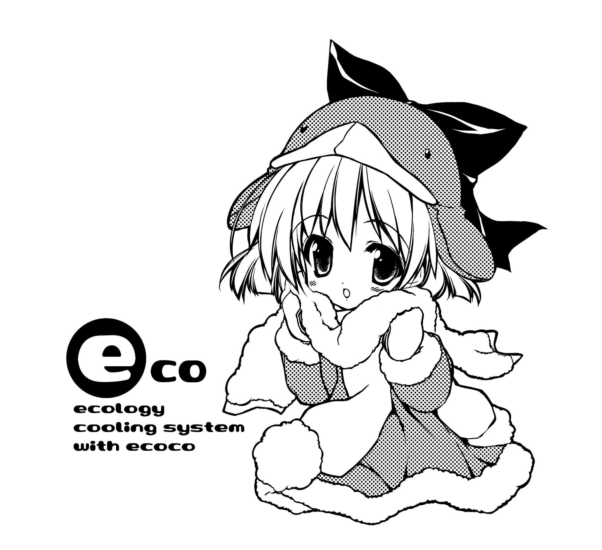 urotan, ecoco, ekokuice, commentary request, highres, 1girl, :d, adjusting scarf, bow, dress, english text, fur-trimmed dress, fur-trimmed sleeves, fur scarf, fur trim, hat, hat bow, long sleeves, looking at viewer, medium hair, mittens, monochrome, open mouth, penguin hat, scarf, smile, solo